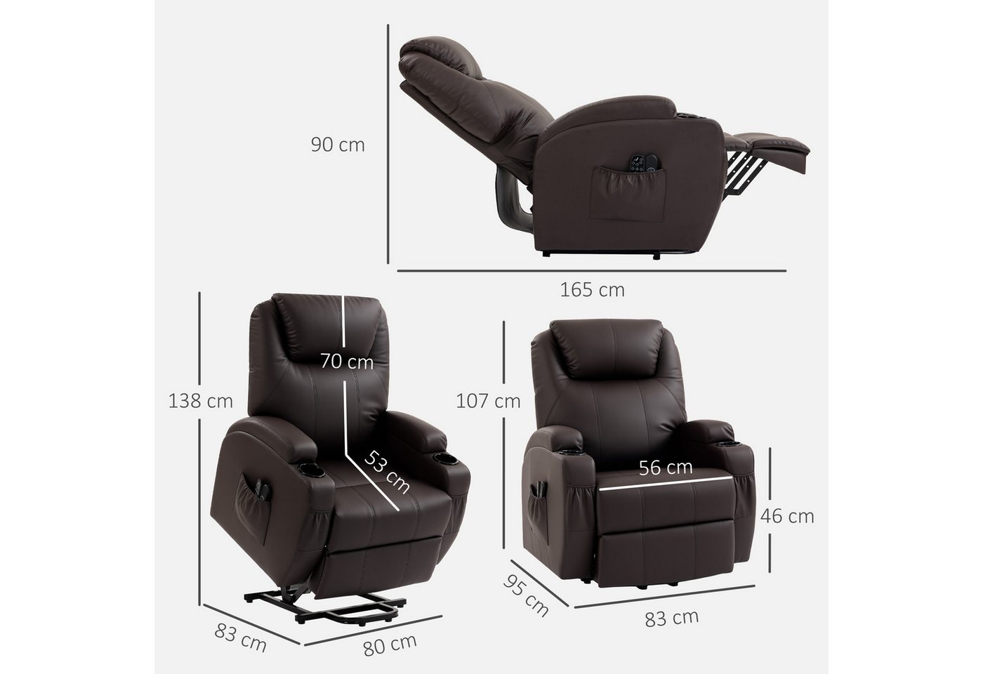 HOMCOM Relaxsessel Sessel mit Aufstehhilfe, Aufstehsessel mit Getränkehalter (Fernsehsessel, 1-St., Gepolstert TV-Sessel), mit Aufsteh-Funktion, Kaffee-Braun – Bild 3 von 5