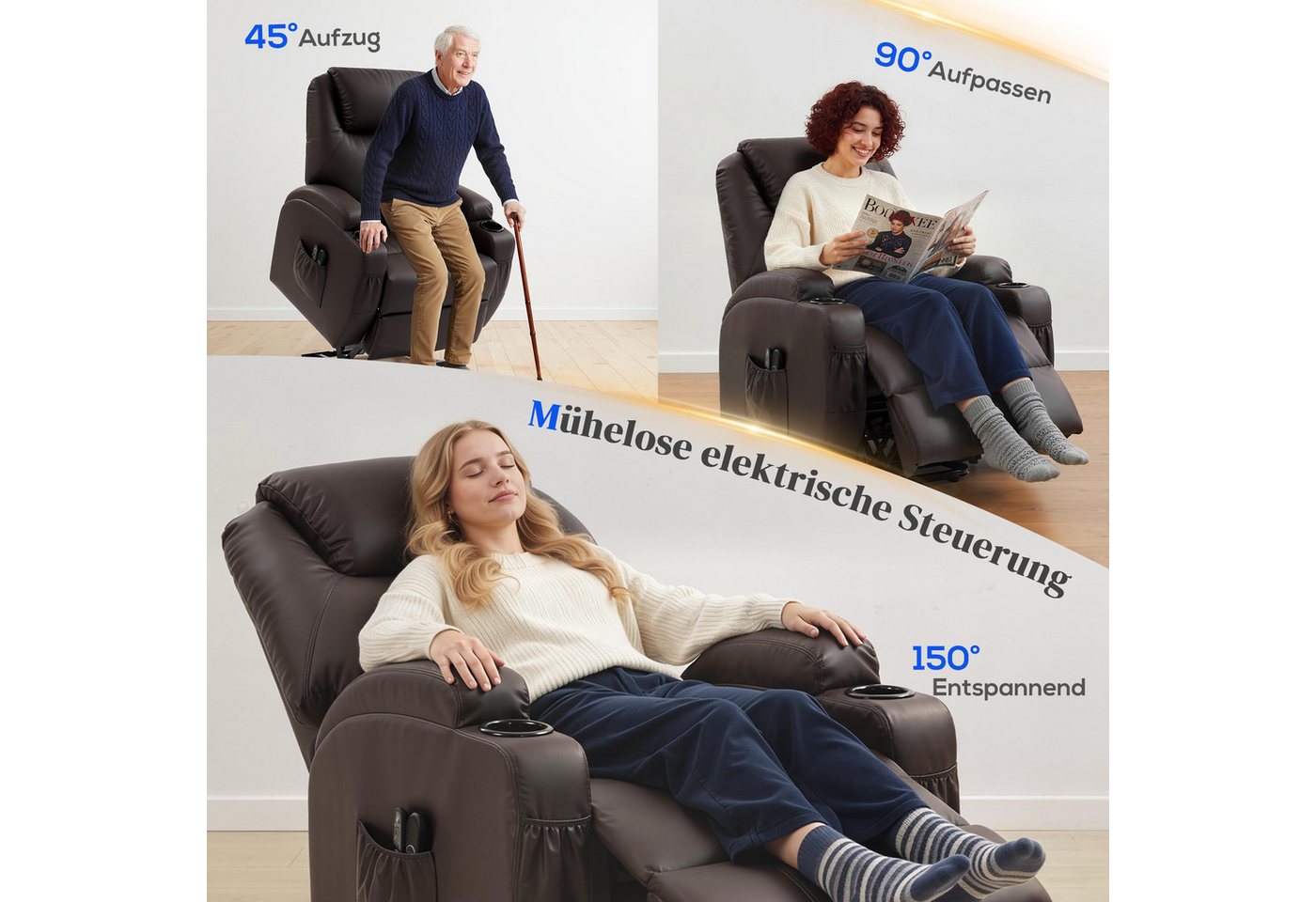 HOMCOM Relaxsessel Sessel mit Aufstehhilfe, Aufstehsessel mit Getränkehalter (Fernsehsessel, 1-St., Gepolstert TV-Sessel), mit Aufsteh-Funktion, Kaffee-Braun – Bild 4 von 5