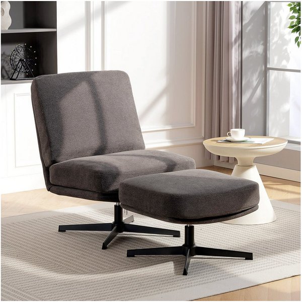 HOMCOM Relaxsessel Sessel mit Hocker, Drehbar, mit Leinenoptik, Dicker Breiter Sitz (Drehbar Loungesessel, 2-St., Schneidersitz Polstersessel), für Wohnzimmer, 