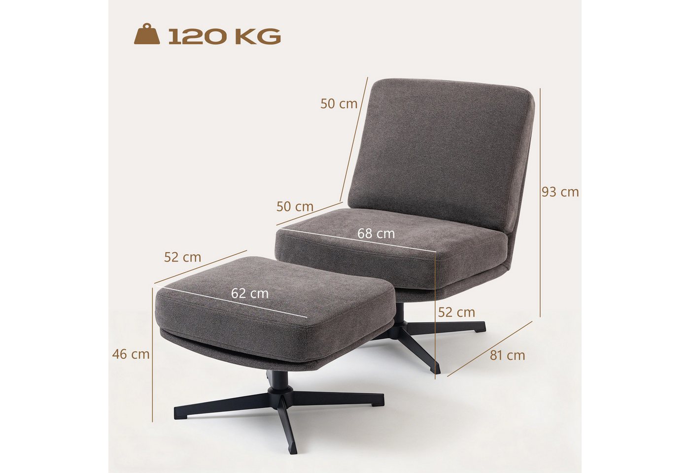 HOMCOM Relaxsessel Sessel mit Hocker, Drehbar, mit Leinenoptik, Dicker Breiter Sitz (Drehbar Loungesessel, 2-St., Schneidersitz Polstersessel), für Wohnzimmer,  – Bild 3 von 5