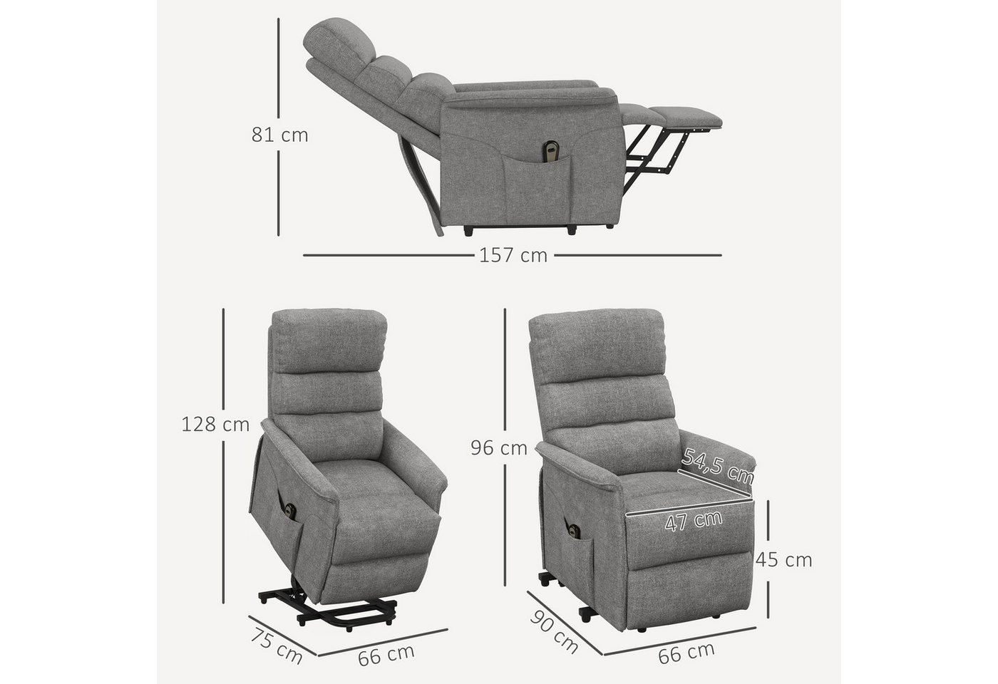 HOMCOM Relaxsessel Sessel mit Leinenoptik, Taschenfeder und Fernbedienung (TV-Sessel, 1-St., Fernsehsessel), für Wohnzimmer, Grau – Bild 3 von 5