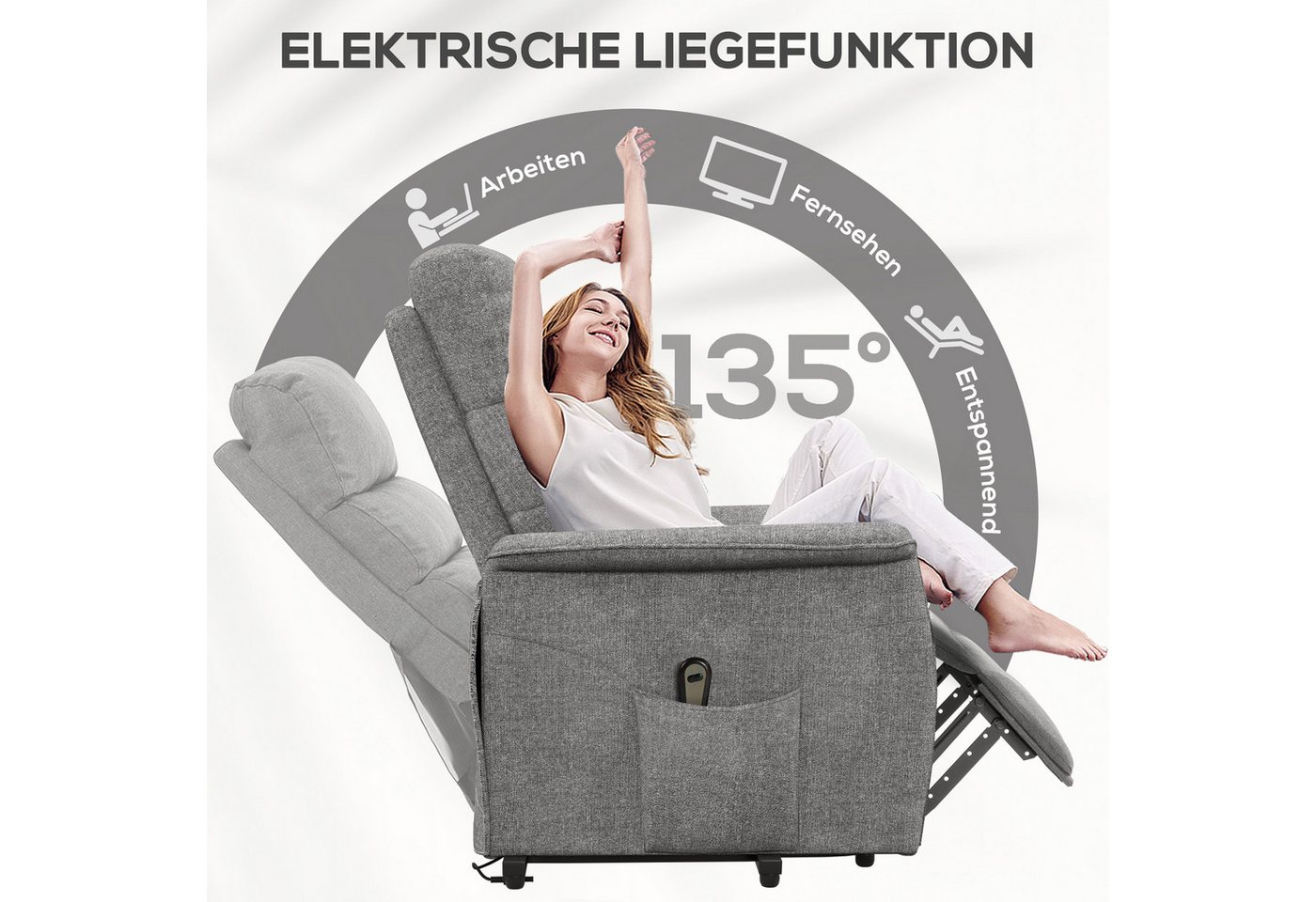 HOMCOM Relaxsessel Sessel mit Leinenoptik, Taschenfeder und Fernbedienung (TV-Sessel, 1-St., Fernsehsessel), für Wohnzimmer, Grau – Bild 5 von 5