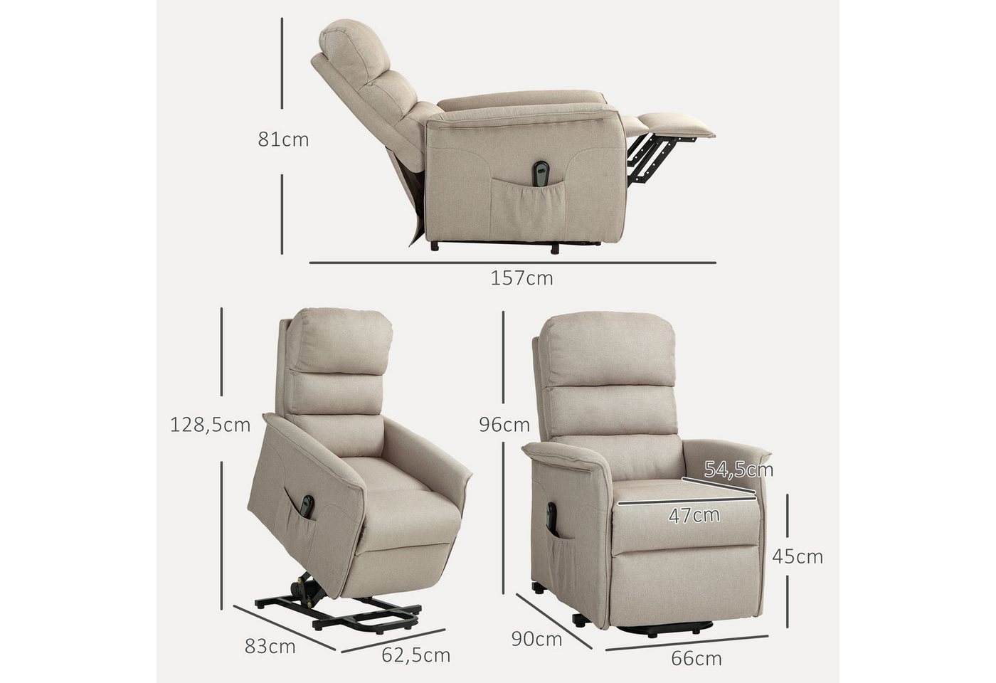 HOMCOM Relaxsessel Sessel mit Leinenoptik, Taschenfeder und Fernbedienung (TV-Sessel, 1-St., Fernsehsessel), für Wohnzimmer, Beige – Bild 3 von 5