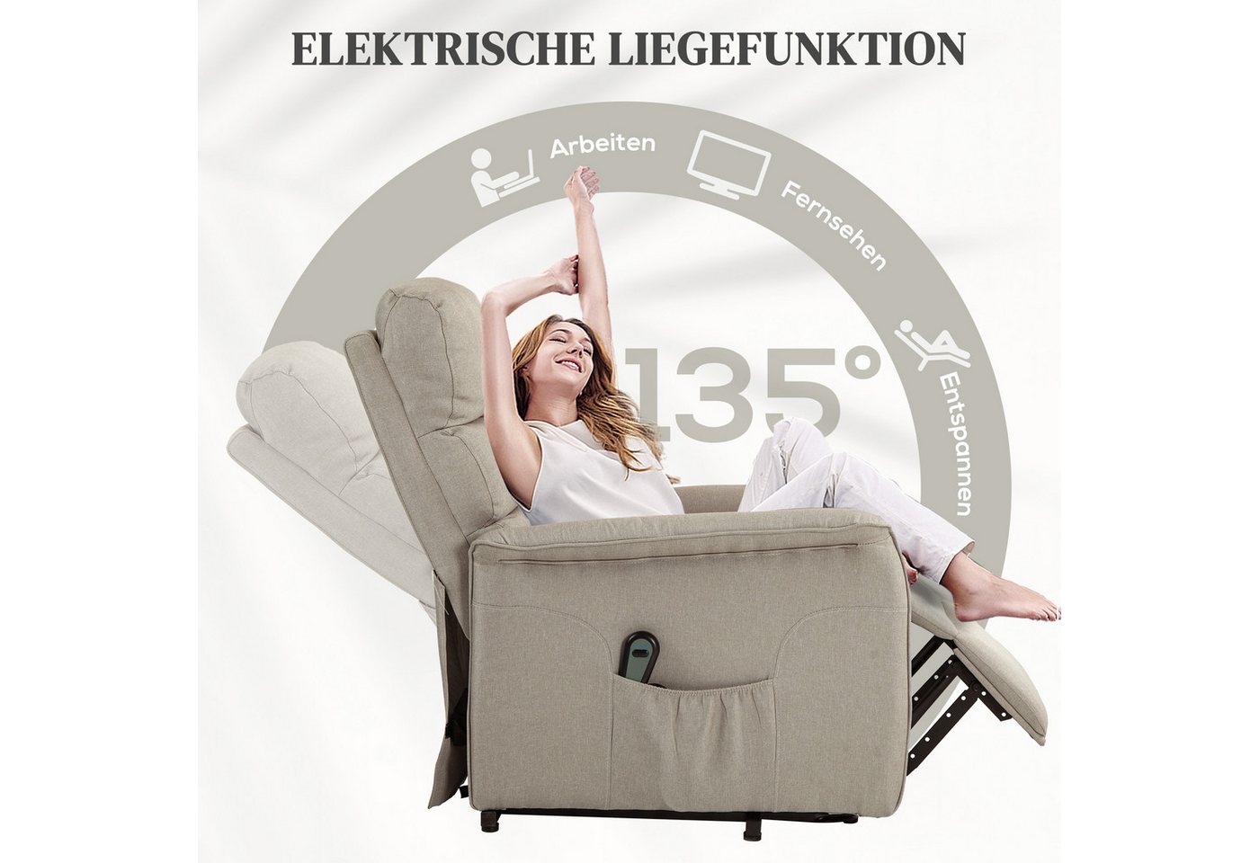 HOMCOM Relaxsessel Sessel mit Leinenoptik, Taschenfeder und Fernbedienung (TV-Sessel, 1-St., Fernsehsessel), für Wohnzimmer, Beige – Bild 5 von 5