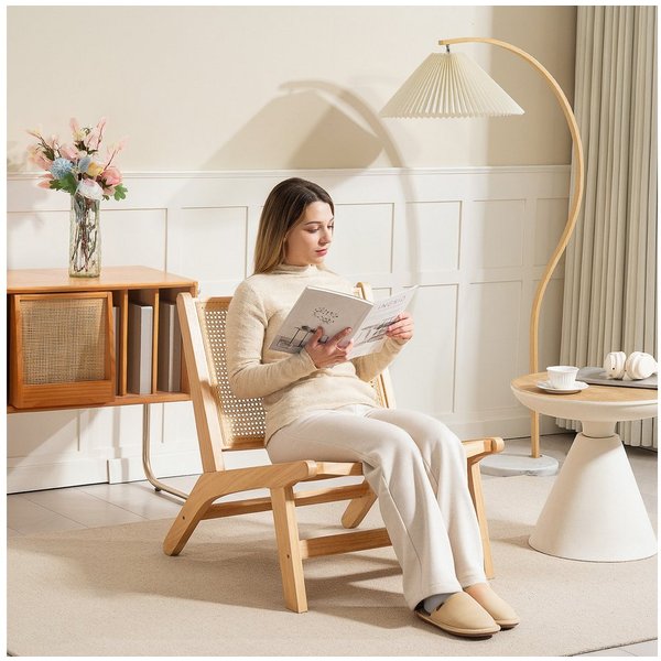 HOMCOM Relaxsessel Sessel, Stuhl mit Rattan-Rückenlehne, Holzrahmen, Lesesessel (Sessel mit Gummibaumholzrahmen, 1-St., für Schlafzimmer und Wohnzimmer), 70 x 6