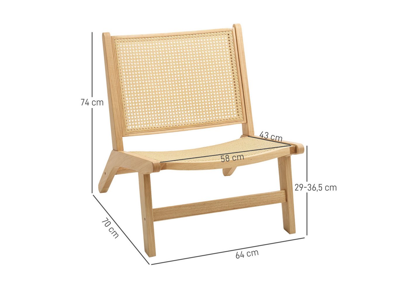 HOMCOM Relaxsessel Sessel, Stuhl mit Rattan-Rückenlehne, Holzrahmen, Lesesessel (Sessel mit Gummibaumholzrahmen, 1-St., für Schlafzimmer und Wohnzimmer), 70 x 6 – Bild 3 von 5