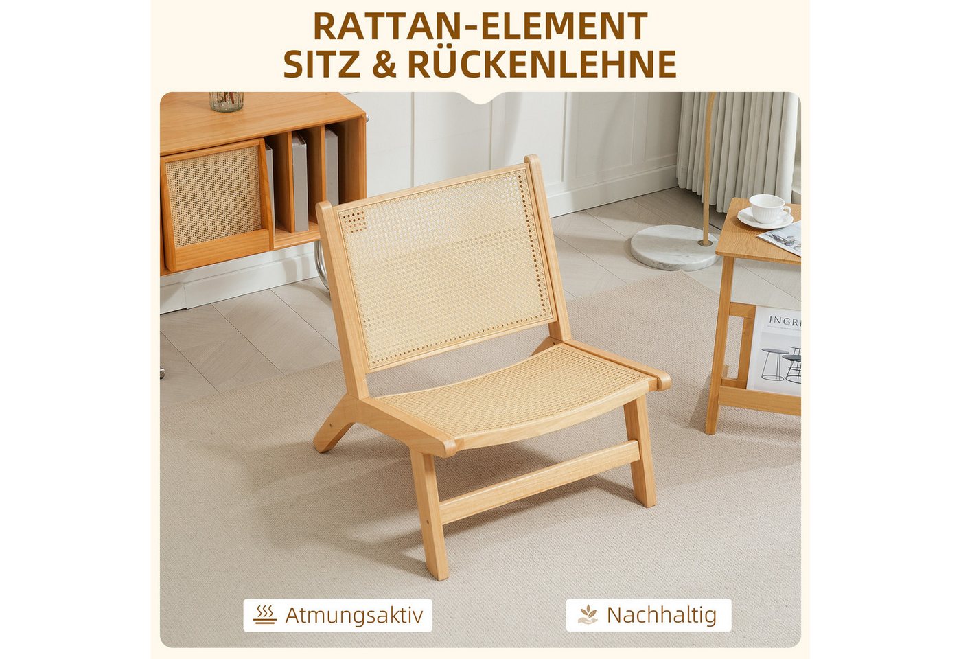 HOMCOM Relaxsessel Sessel, Stuhl mit Rattan-Rückenlehne, Holzrahmen, Lesesessel (Sessel mit Gummibaumholzrahmen, 1-St., für Schlafzimmer und Wohnzimmer), 70 x 6 – Bild 4 von 5