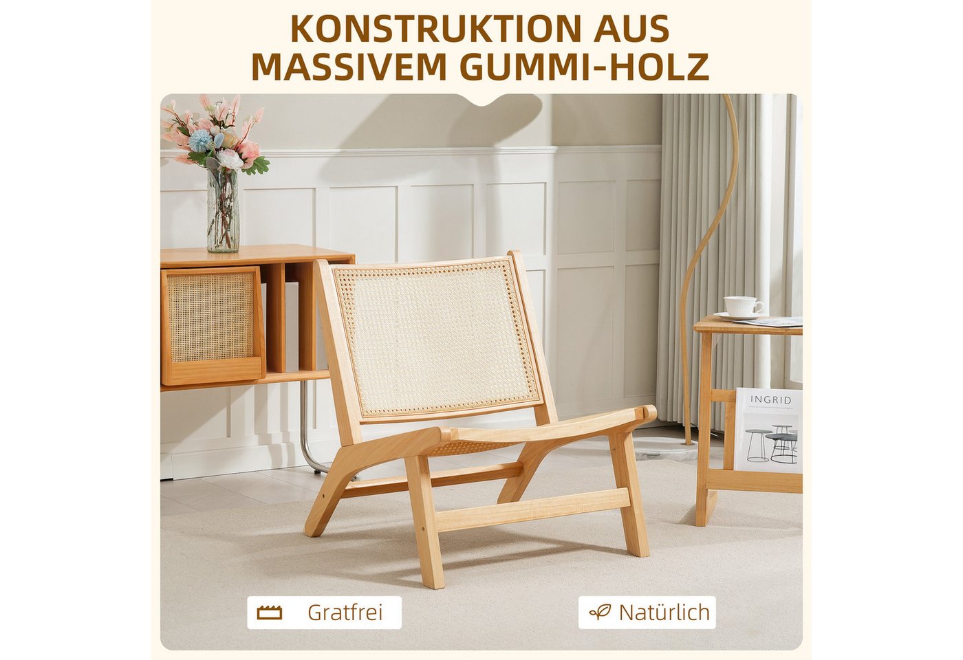 HOMCOM Relaxsessel Sessel, Stuhl mit Rattan-Rückenlehne, Holzrahmen, Lesesessel (Sessel mit Gummibaumholzrahmen, 1-St., für Schlafzimmer und Wohnzimmer), 70 x 6 – Bild 5 von 5
