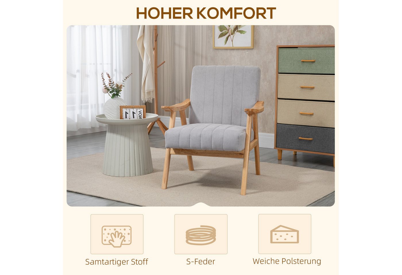 HOMCOM Relaxsessel Sessel Wohnzimmer mit Gummiholzbeine, Polstersessel mit Samtoptik (Loungesessel, 1-St., Ohrensessel), Hellgrau 68 x 74 x 82 cm – Bild 4 von 5