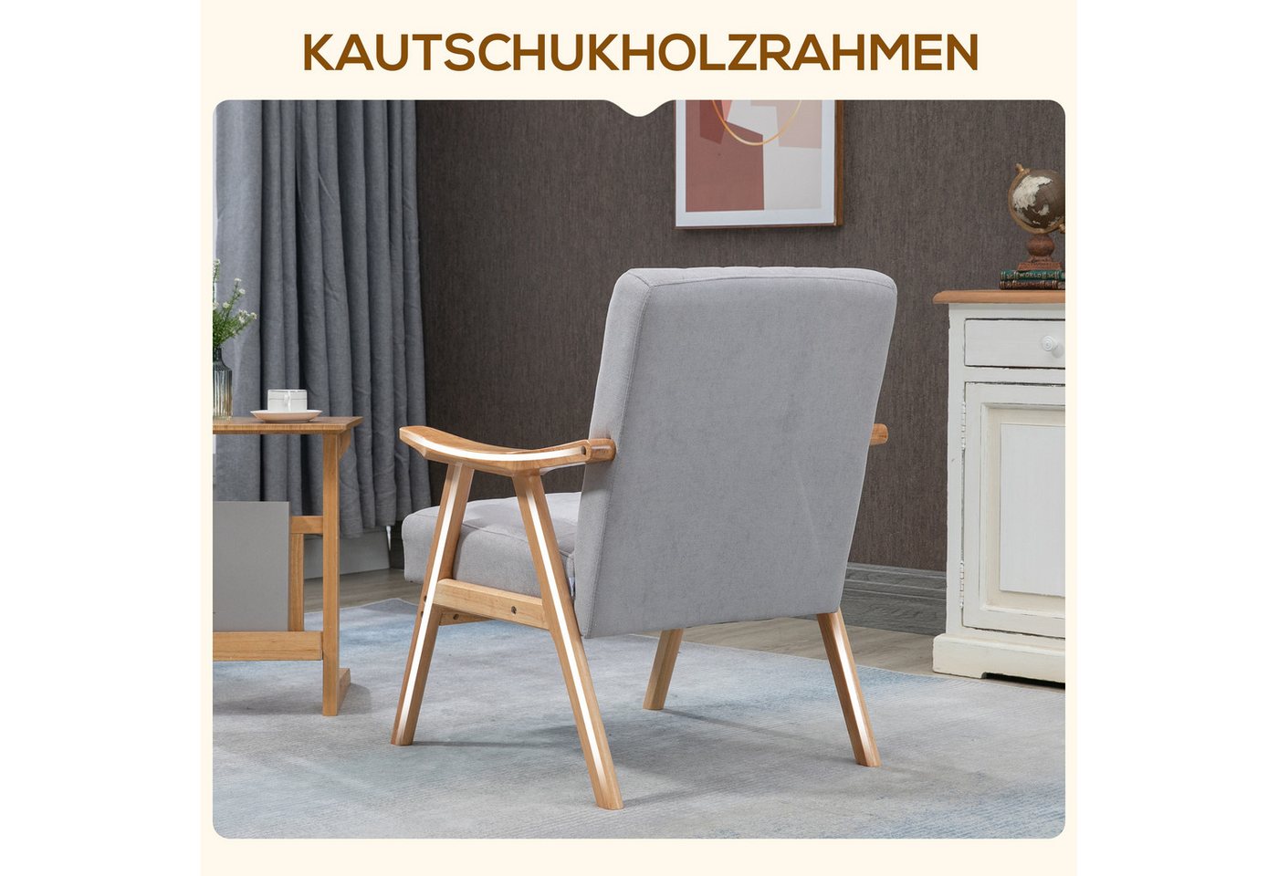 HOMCOM Relaxsessel Sessel Wohnzimmer mit Gummiholzbeine, Polstersessel mit Samtoptik (Loungesessel, 1-St., Ohrensessel), Hellgrau 68 x 74 x 82 cm – Bild 5 von 5
