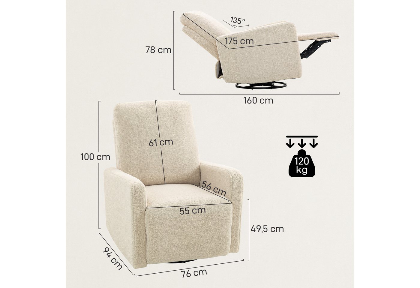 HOMCOM Relaxsessel TV-Sessel mit Fußteil, Ruhesessel für Wohnzimmer, Schlafzimmer (Liegesessel, 1-St., Fernsehsessel), 360° drehbar, Beige – Bild 3 von 5