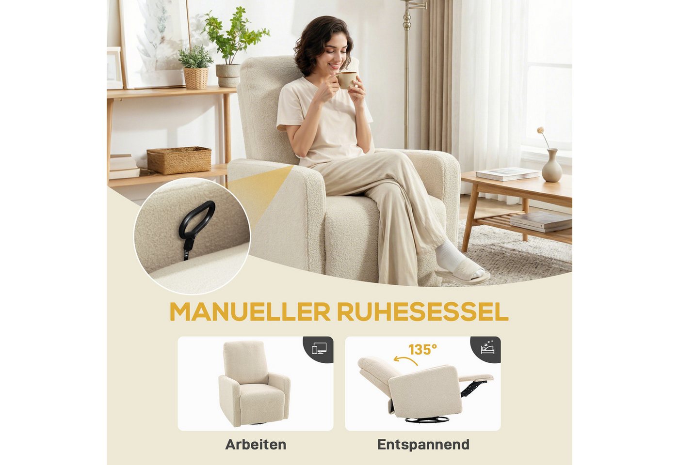 HOMCOM Relaxsessel TV-Sessel mit Fußteil, Ruhesessel für Wohnzimmer, Schlafzimmer (Liegesessel, 1-St., Fernsehsessel), 360° drehbar, Beige – Bild 4 von 5
