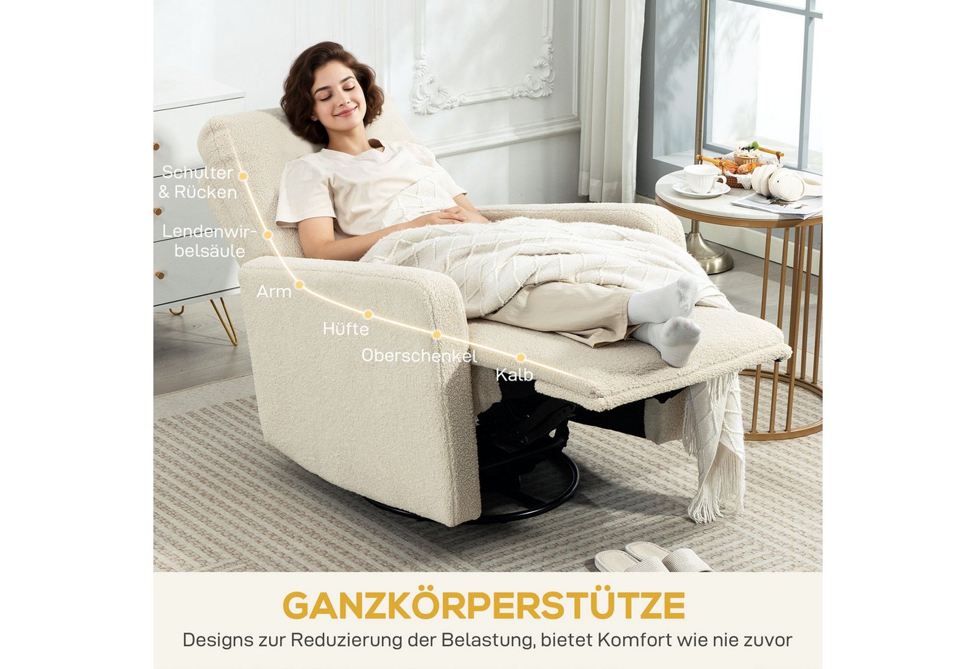 HOMCOM Relaxsessel TV-Sessel mit Fußteil, Ruhesessel für Wohnzimmer, Schlafzimmer (Liegesessel, 1-St., Fernsehsessel), 360° drehbar, Beige – Bild 5 von 5