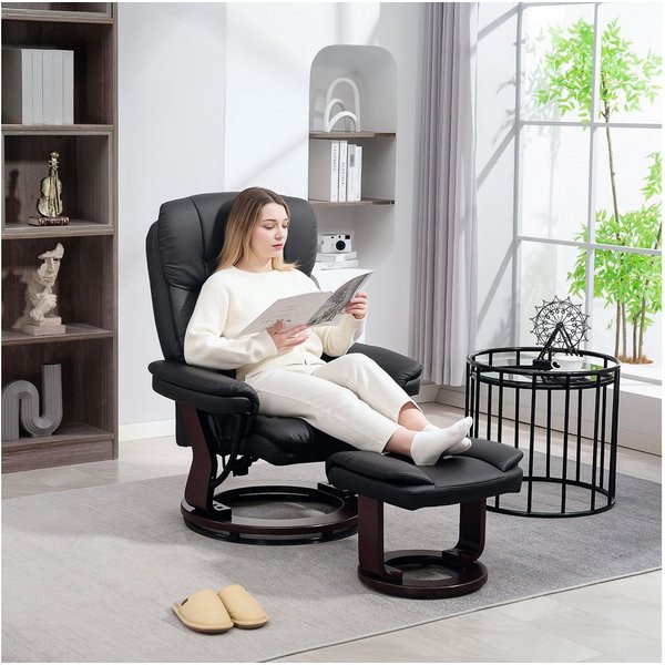 HOMCOM Relaxsessel TV-Sessel mit Hocker, 360°drehbar, mit Liegefunktion (Ruhesessel, 2-St., Fernsehsessel), für Wohnzimmer, Kunstleder, Schwarz