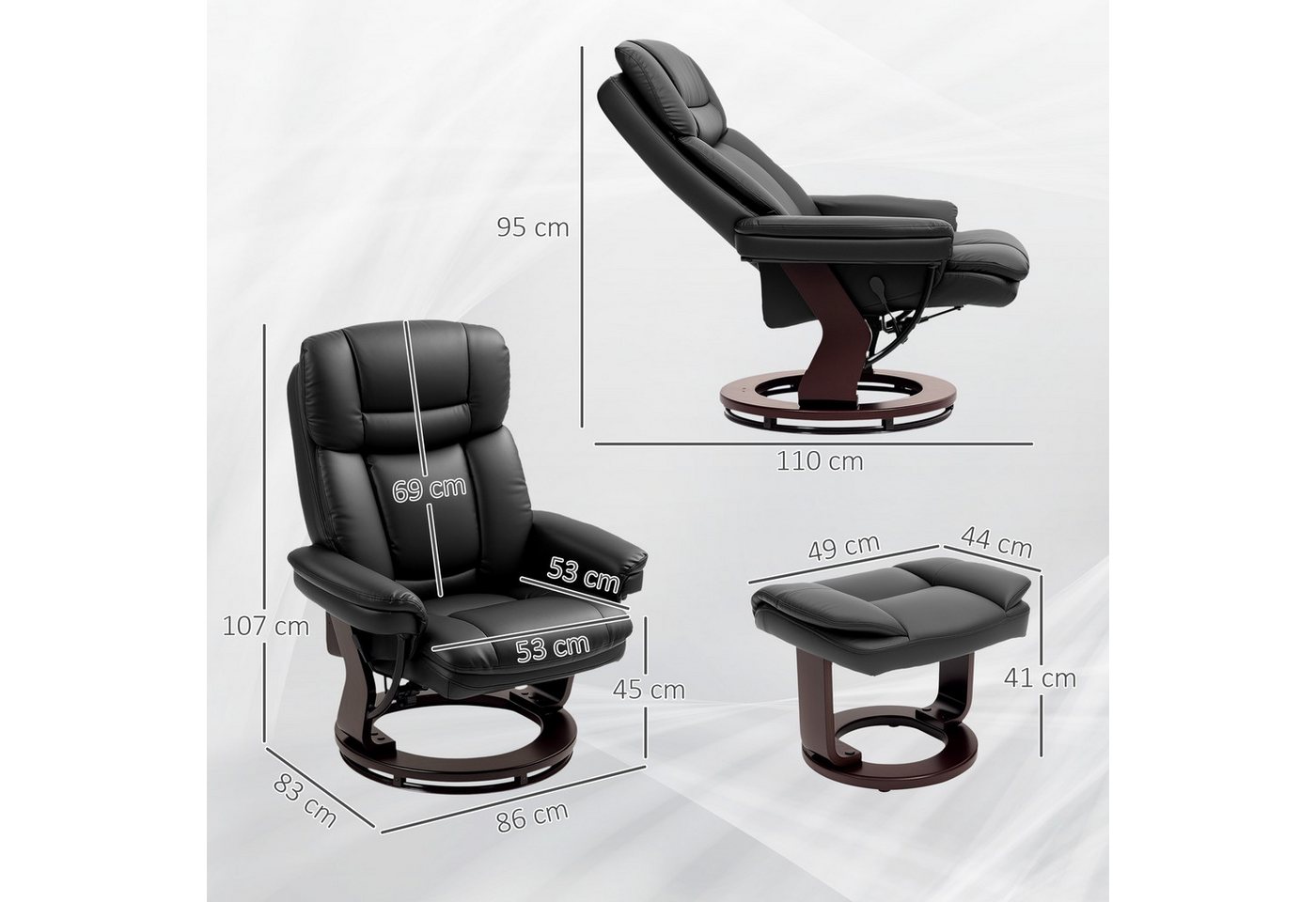 HOMCOM Relaxsessel TV-Sessel mit Hocker, 360°drehbar, mit Liegefunktion (Ruhesessel, 2-St., Fernsehsessel), für Wohnzimmer, Kunstleder, Schwarz – Bild 3 von 5