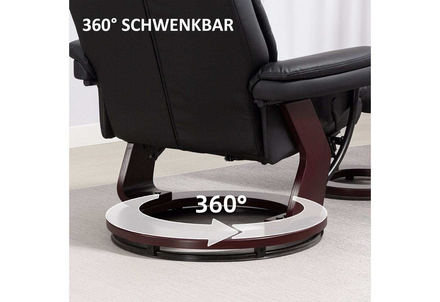 HOMCOM Relaxsessel TV-Sessel mit Hocker, 360°drehbar, mit Liegefunktion (Ruhesessel, 2-St., Fernsehsessel), für Wohnzimmer, Kunstleder, Schwarz – Bild 5 von 5