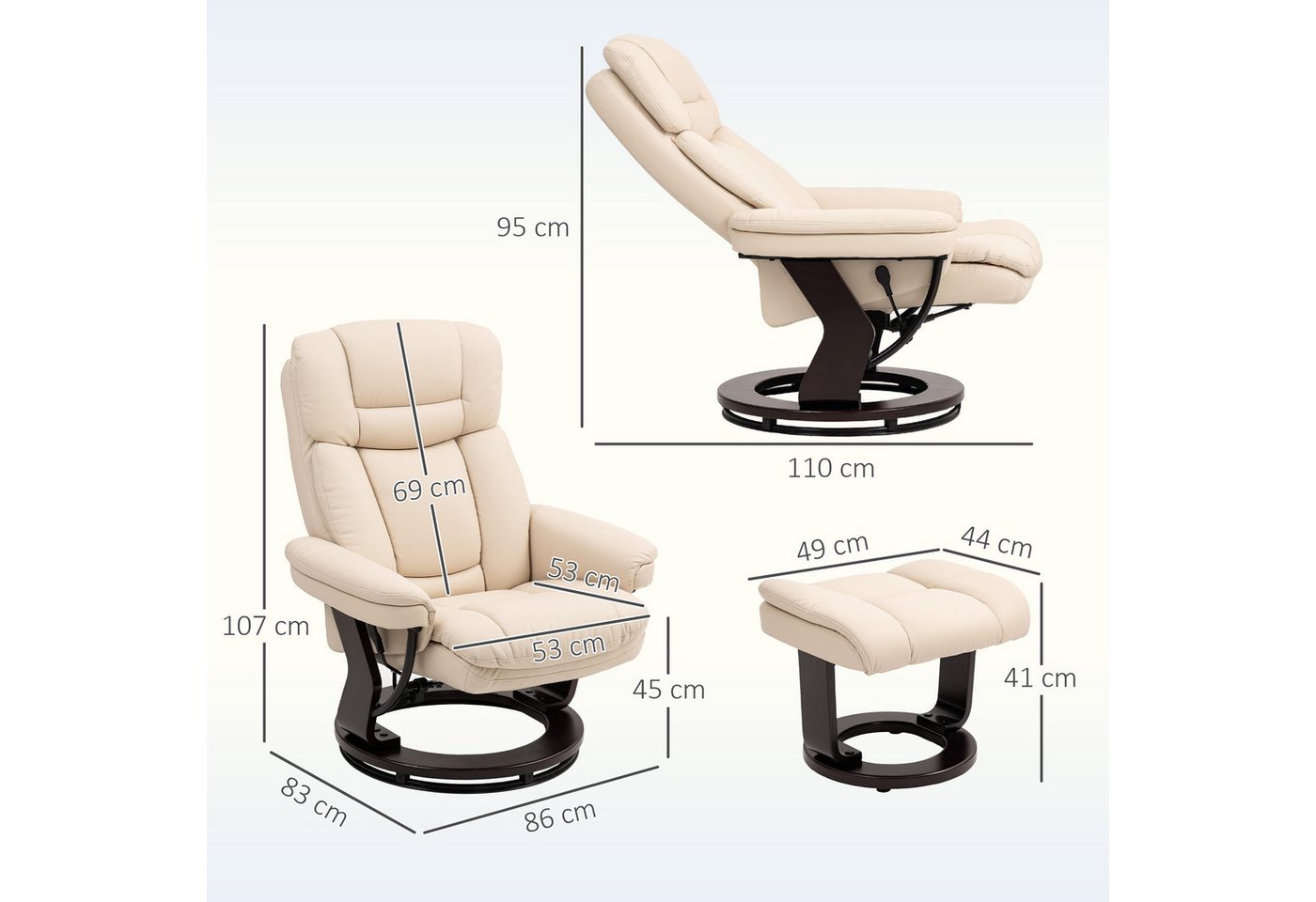 HOMCOM Relaxsessel TV-Sessel mit Hocker, 360°drehbar, mit Liegefunktion (Ruhesessel, 2-St., Fernsehsessel), für Wohnzimmer, Kunstleder, Cremeweiß – Bild 3 von 5