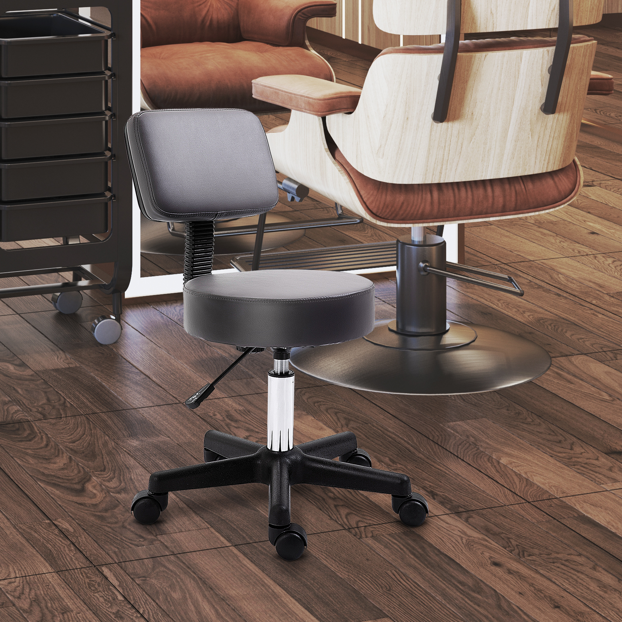 HOMCOM Rollhocker Höhenverstellbarer Arbeitshocker mit Lehne, drehbarer Salon Hocker aus Kunstleder Grau Ø35 x 72-84 cm für Massage & Büro Aosom.de – Bild 2 von 2