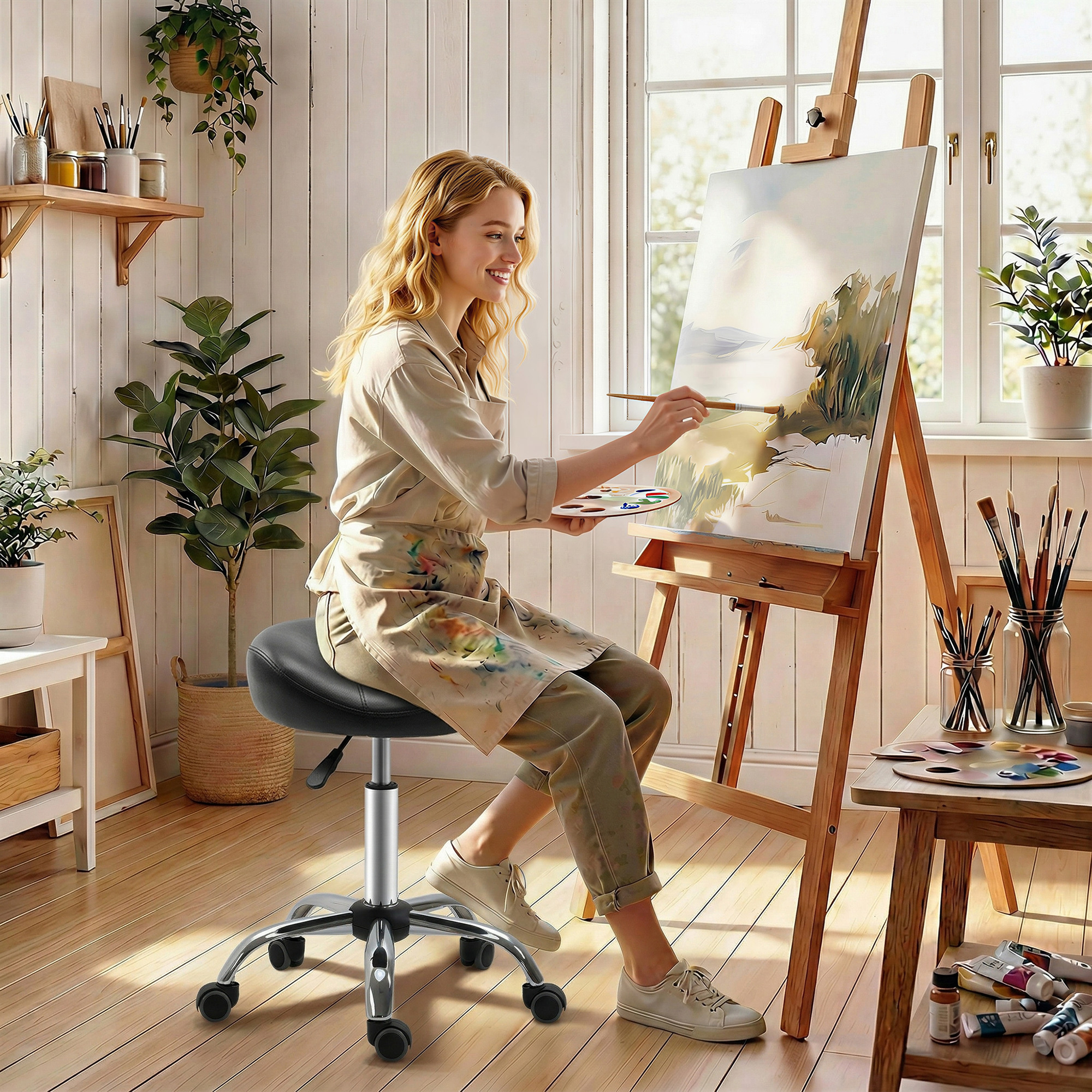 HOMCOM Rollhocker Höhenverstellbarer Arbeitshocker mit Rädern drehbar Kunstleder Schwarz 48 x 48 x 54-69 cm für Salon & Massage Aosom.de – Bild 2 von 2