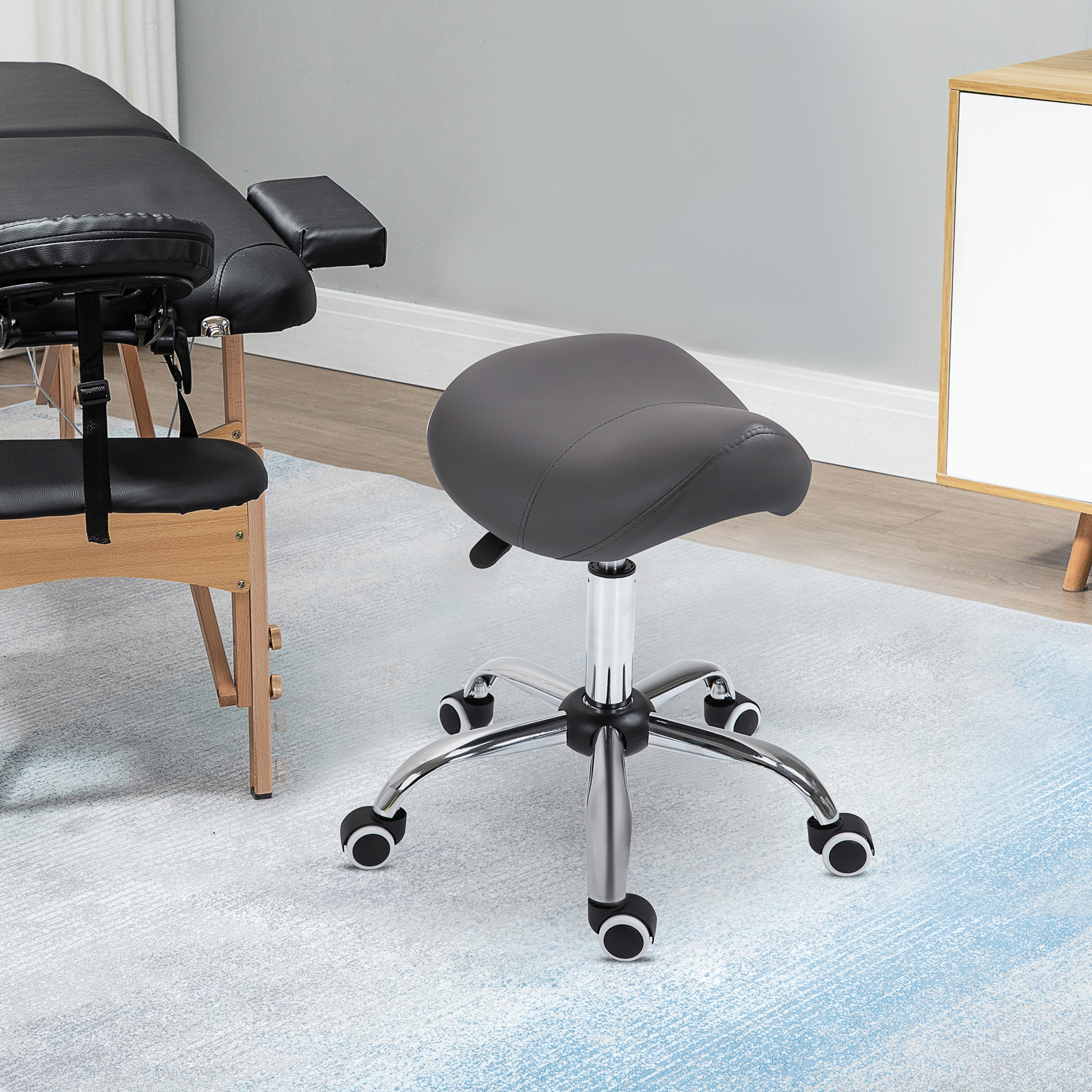 HOMCOM Rollhocker Höhenverstellbarer Arbeitshocker mit Rädern, Drehbar, Kunstleder, Grau Aosom – Bild 2 von 2