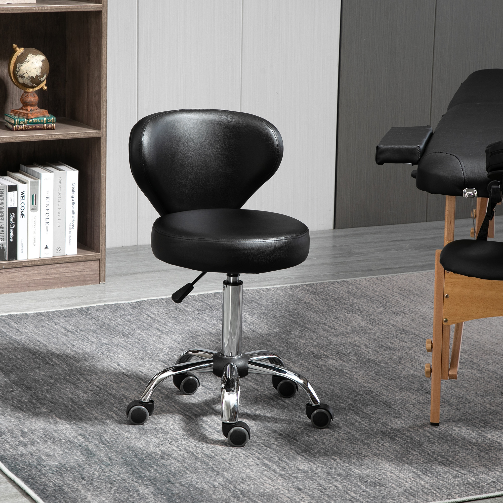 HOMCOM Rollhocker Massagehocker - drehbarer Arbeitshocker 360° - höhenverstellbare Sitzfläche 49-64H cm, ergonomische Rückenlehne - verchromtes Metall in schwar – Bild 2 von 2