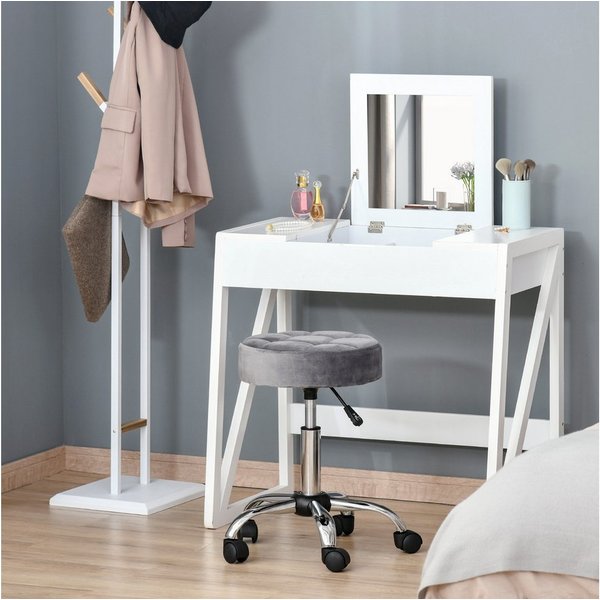 HOMCOM Rollsitz Rollhocker höhenverstellbar drehbar Samt-Touch Chrom-Basis (Drehhocker, 1 St., Rollhocker), Hellgrau Ø35 x 49-61 cm