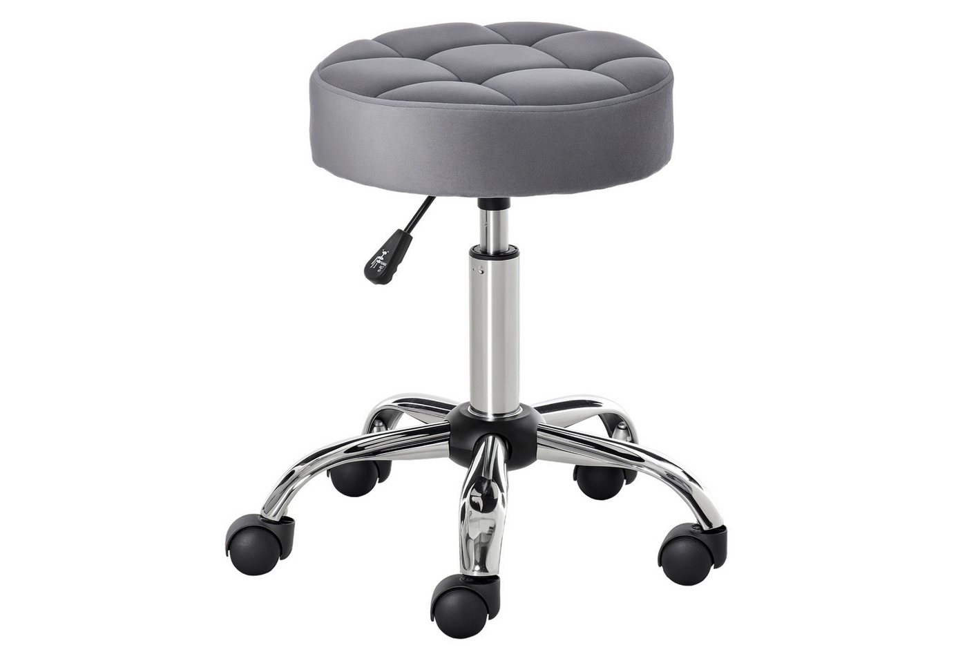 HOMCOM Rollsitz Rollhocker höhenverstellbar drehbar Samt-Touch Chrom-Basis (Drehhocker, 1 St., Rollhocker), Hellgrau Ø35 x 49-61 cm – Bild 2 von 5