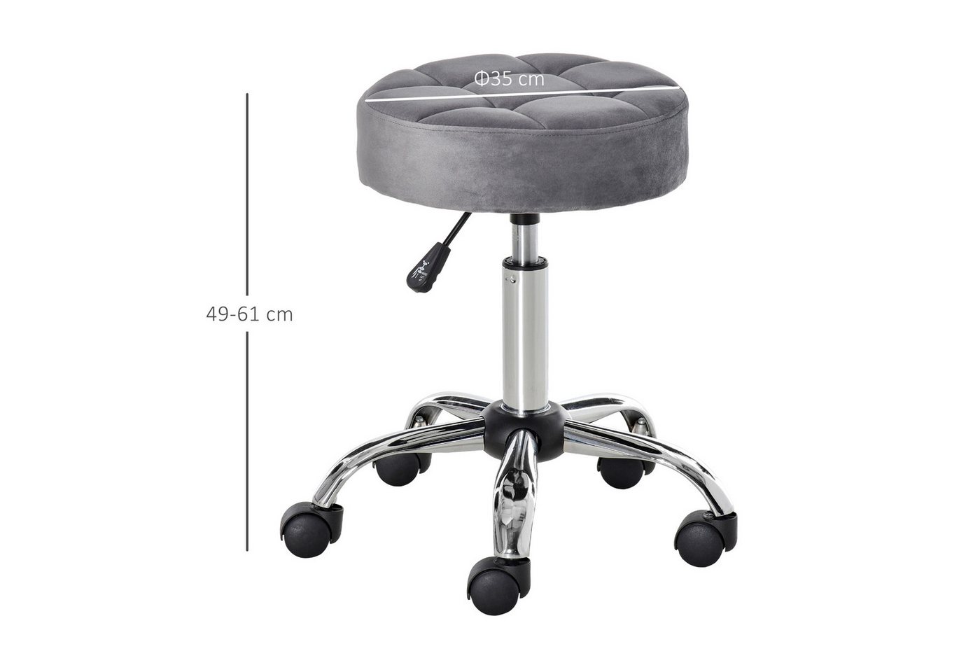HOMCOM Rollsitz Rollhocker höhenverstellbar drehbar Samt-Touch Chrom-Basis (Drehhocker, 1 St., Rollhocker), Hellgrau Ø35 x 49-61 cm – Bild 3 von 5
