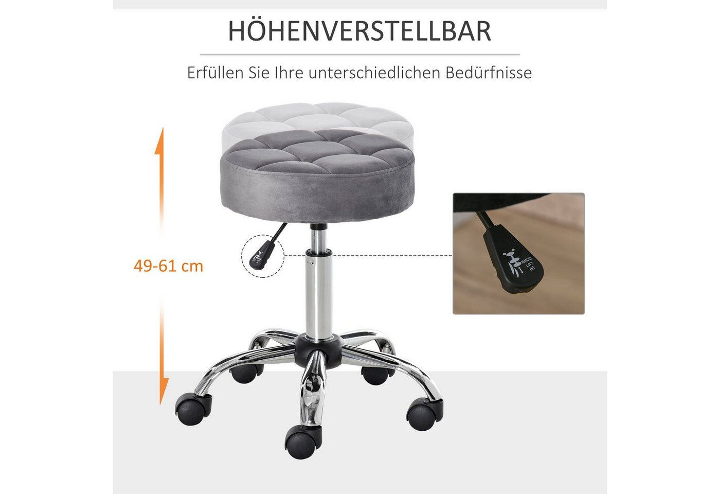 HOMCOM Rollsitz Rollhocker höhenverstellbar drehbar Samt-Touch Chrom-Basis (Drehhocker, 1 St., Rollhocker), Hellgrau Ø35 x 49-61 cm – Bild 4 von 5