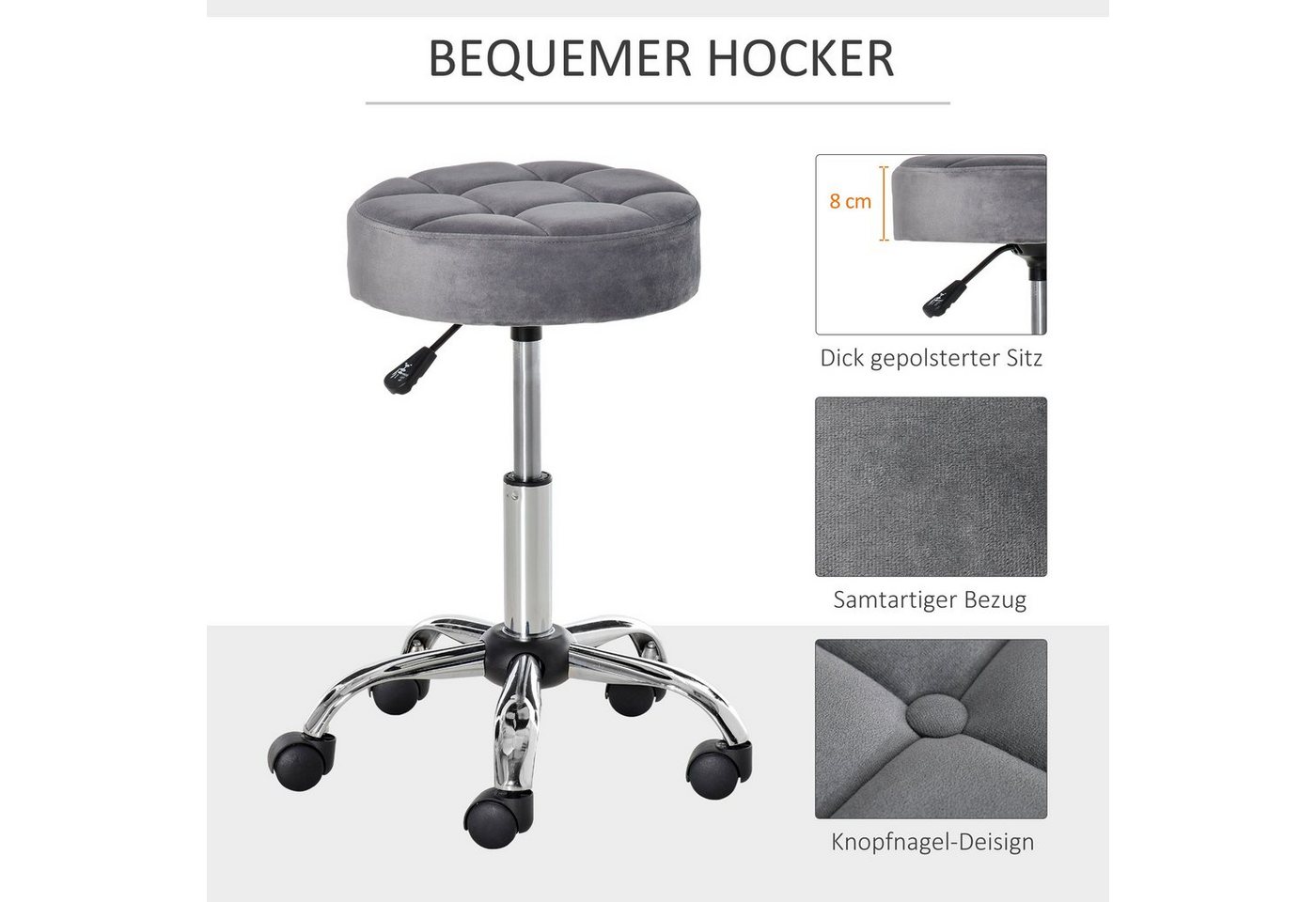 HOMCOM Rollsitz Rollhocker höhenverstellbar drehbar Samt-Touch Chrom-Basis (Drehhocker, 1 St., Rollhocker), Hellgrau Ø35 x 49-61 cm – Bild 5 von 5