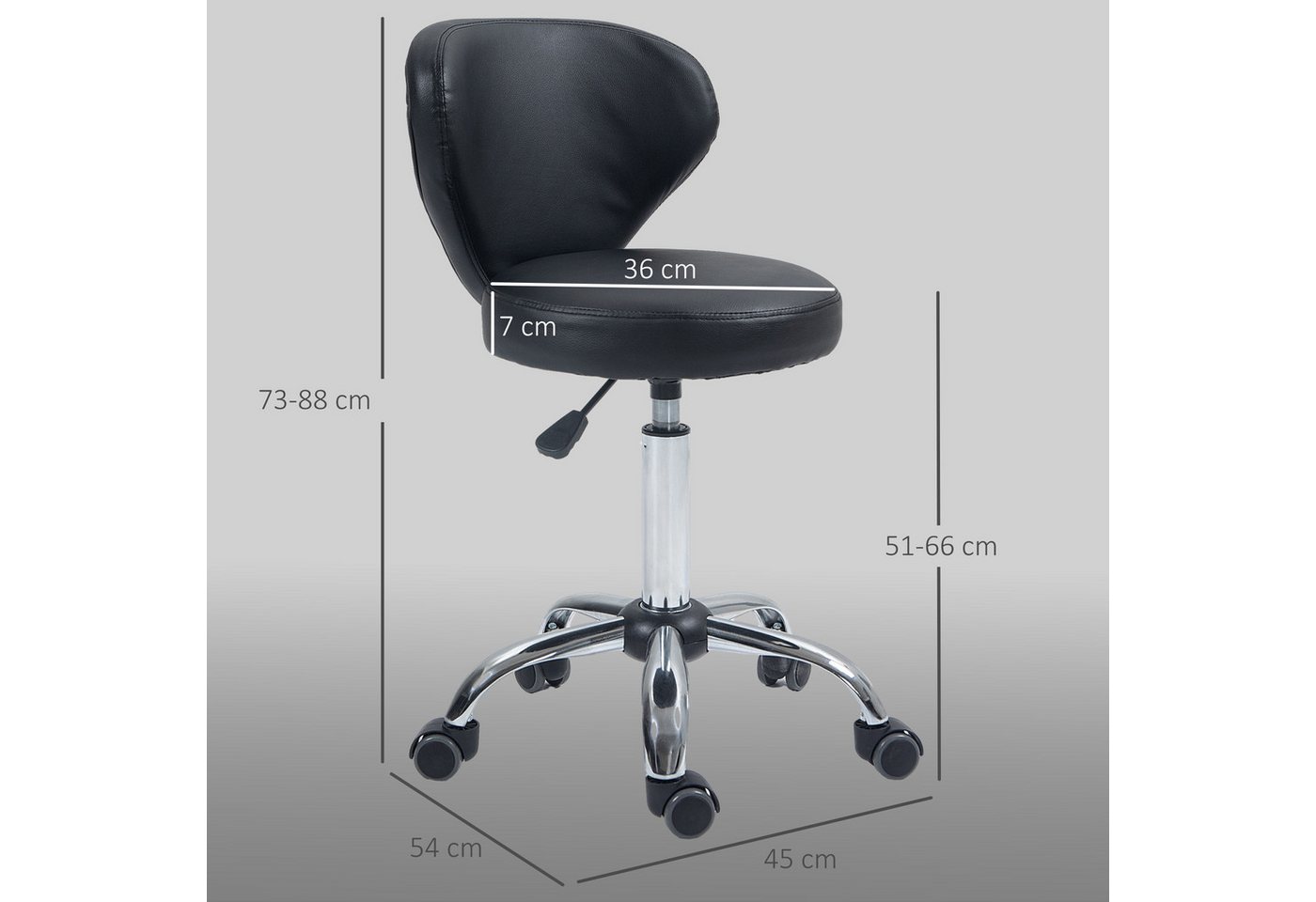HOMCOM Rollsitz Rollhocker höhenverstellbar mit Rückenlehne drehbar Bürohocker (Arbeitshocker, 1 St., Drehhocker), für Büro, Wohnzimmer, Kunstleder, 45 x 54 x 7 – Bild 3 von 5