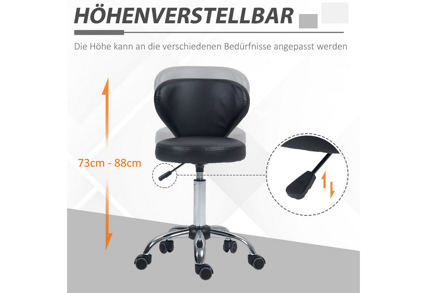 HOMCOM Rollsitz Rollhocker höhenverstellbar mit Rückenlehne drehbar Bürohocker (Arbeitshocker, 1 St., Drehhocker), für Büro, Wohnzimmer, Kunstleder, 45 x 54 x 7 – Bild 4 von 5