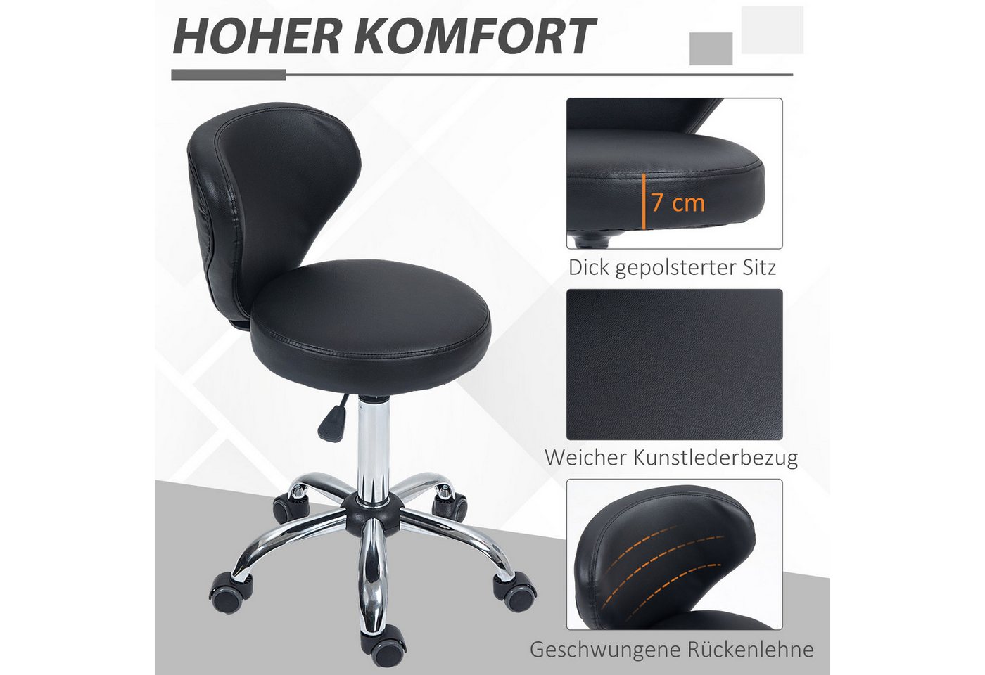 HOMCOM Rollsitz Rollhocker höhenverstellbar mit Rückenlehne drehbar Bürohocker (Arbeitshocker, 1 St., Drehhocker), für Büro, Wohnzimmer, Kunstleder, 45 x 54 x 7 – Bild 5 von 5