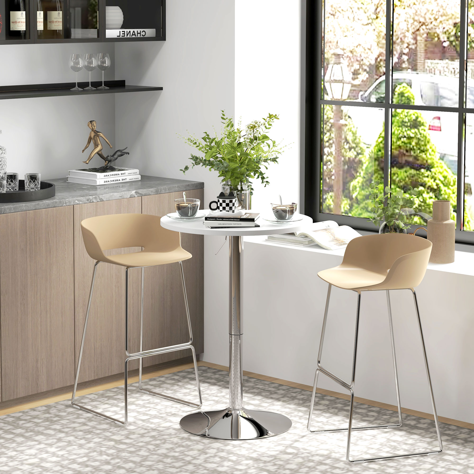 HOMCOM Runder Bartisch Hoher Küchentisch Stehtisch Höhenverstellbar 69-91 cm mit 360° drehbarer Tischplatte weiß und silberfarbenes Stahlgestell Aosom – Bild 2 von 2