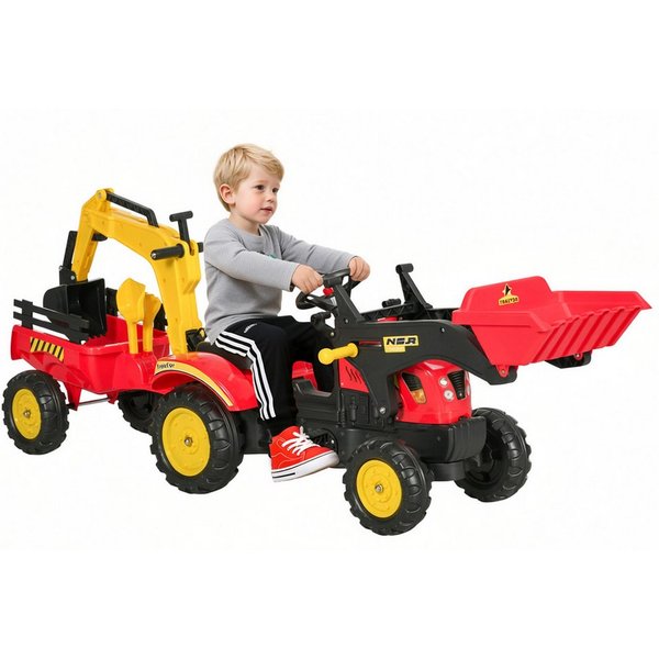 HOMCOM Rutscher Kinderauto mit Anhänger, Frontlader, verstellbarer Schaufel, (Kinderfahrzeug, 1-tlg., Kindertrettraktoren), Stahl Kunststoff Rot 179 x 42 x 59 c