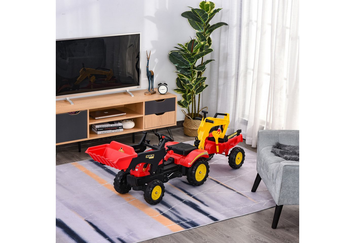 HOMCOM Rutscher Kinderauto mit Anhänger, Frontlader, verstellbarer Schaufel, (Kinderfahrzeug, 1-tlg., Kindertrettraktoren), Stahl Kunststoff Rot 179 x 42 x 59 c – Bild 2 von 5