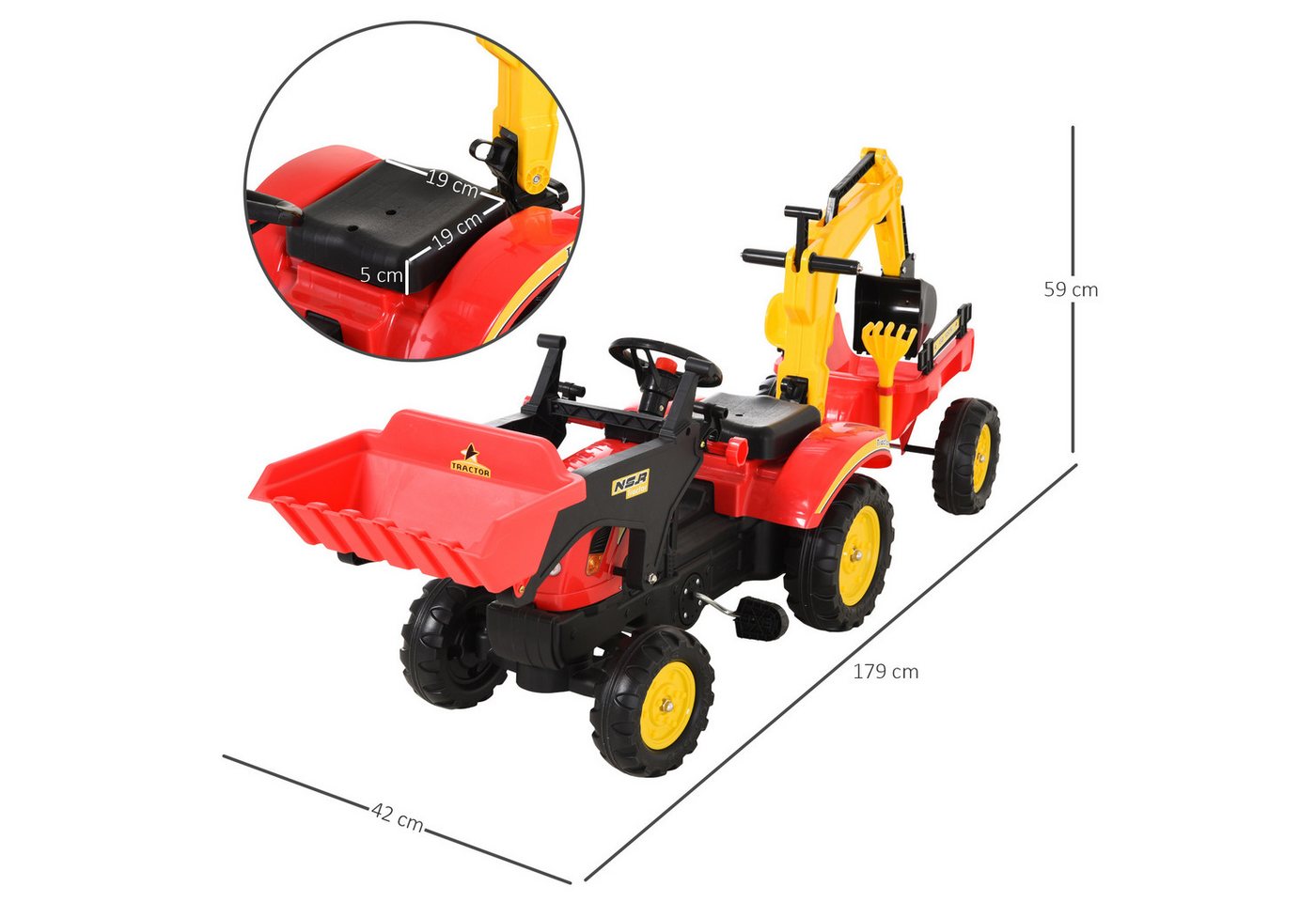 HOMCOM Rutscher Kinderauto mit Anhänger, Frontlader, verstellbarer Schaufel, (Kinderfahrzeug, 1-tlg., Kindertrettraktoren), Stahl Kunststoff Rot 179 x 42 x 59 c – Bild 3 von 5