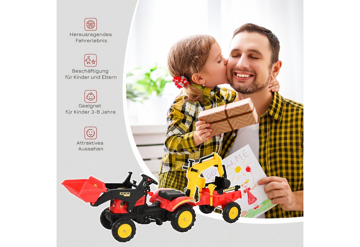HOMCOM Rutscher Kinderauto mit Anhänger, Frontlader, verstellbarer Schaufel, (Kinderfahrzeug, 1-tlg., Kindertrettraktoren), Stahl Kunststoff Rot 179 x 42 x 59 c – Bild 4 von 5
