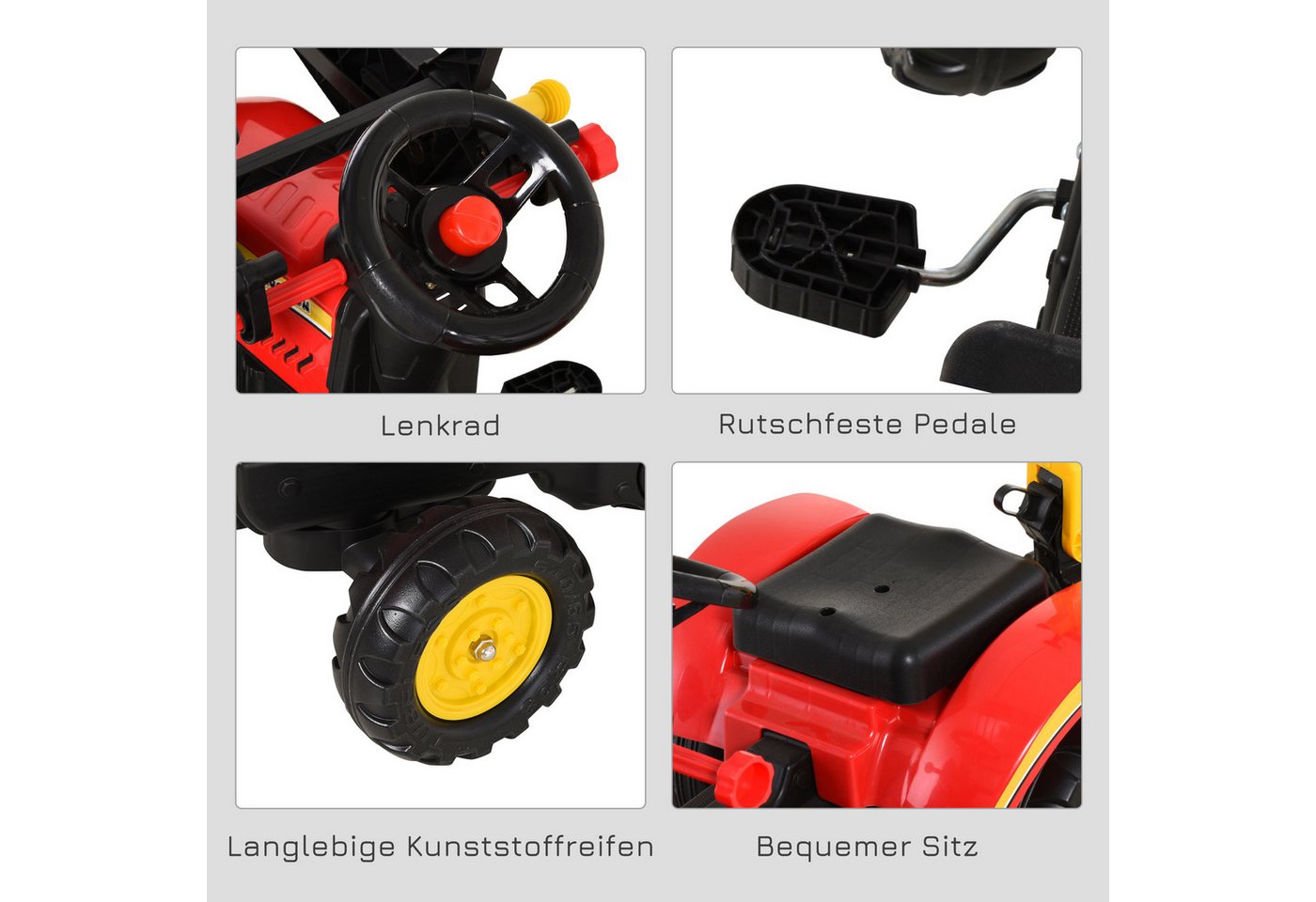 HOMCOM Rutscher Kinderauto mit Anhänger, Frontlader, verstellbarer Schaufel, (Kinderfahrzeug, 1-tlg., Kindertrettraktoren), Stahl Kunststoff Rot 179 x 42 x 59 c – Bild 5 von 5