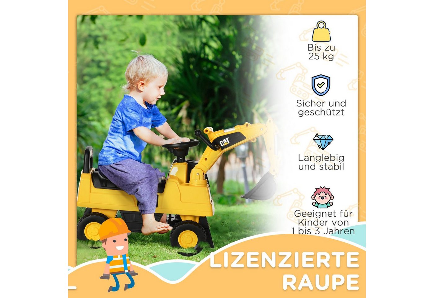 HOMCOM Rutscher Kinderbagger mit beweglicher Schaufel, (Sitzbagger, 1-tlg., Rutscherfahrzeug), Gelb+Schwarz 85 x 27,5 x 47,5 cm – Bild 4 von 5