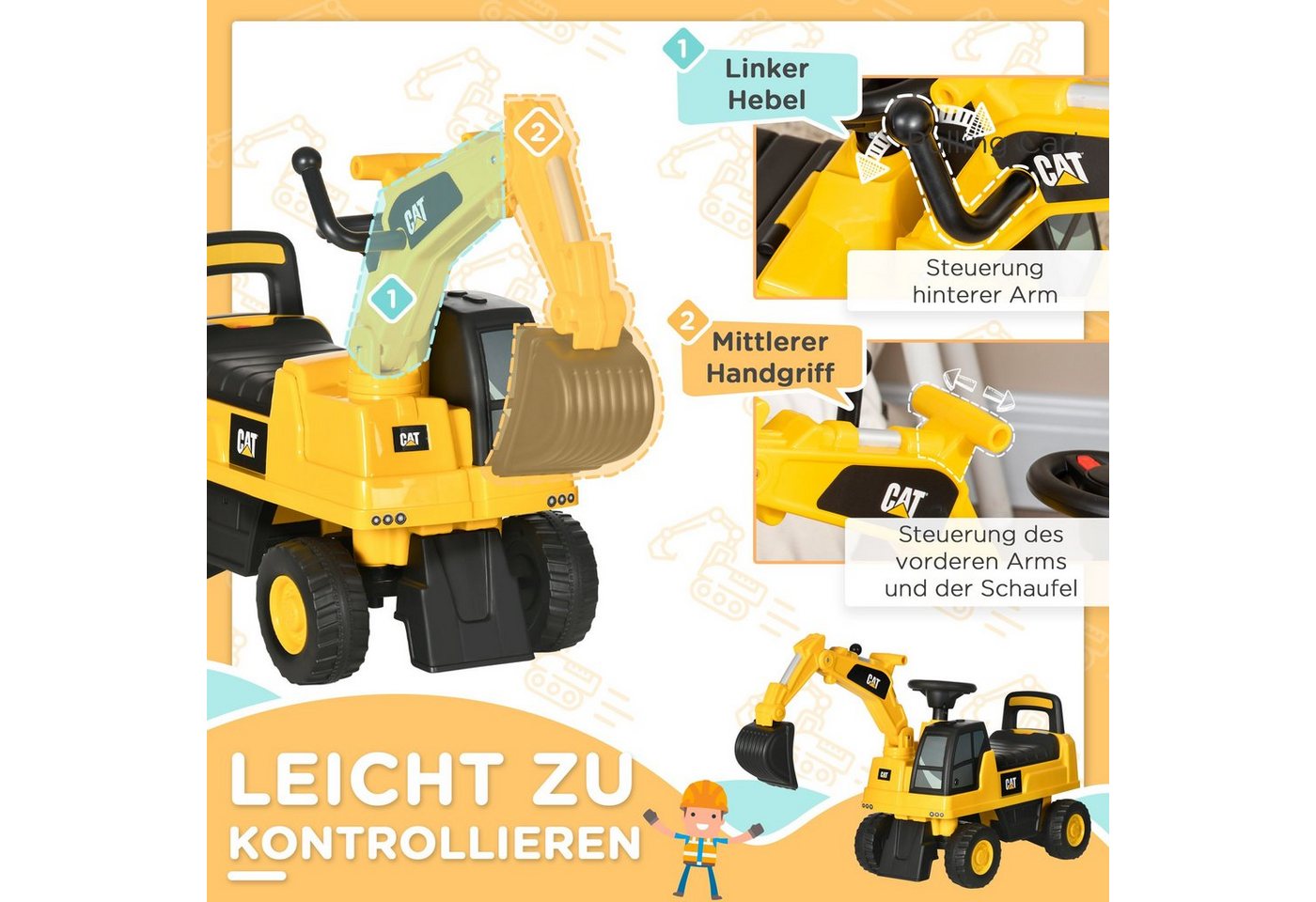 HOMCOM Rutscher Kinderbagger mit beweglicher Schaufel, (Sitzbagger, 1-tlg., Rutscherfahrzeug), Gelb+Schwarz 85 x 27,5 x 47,5 cm – Bild 5 von 5