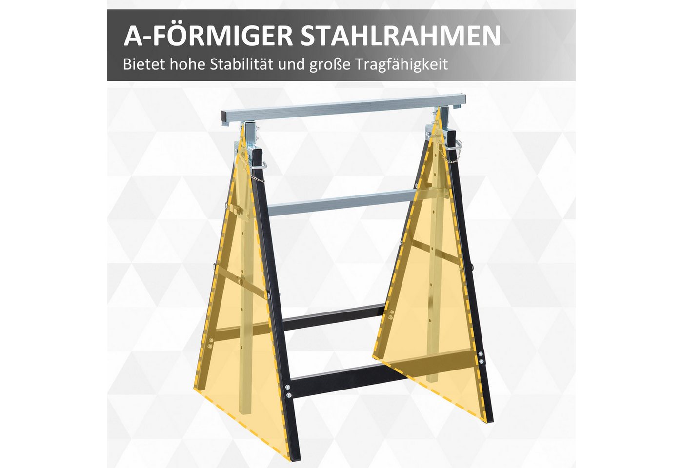 HOMCOM Sägebock 2er Set klappbar höhenverstellbar Gerüstbock Unterstellbock, 200 kg max. Belastbarkeit, (klappbar, 2-St., höhenverstellbar), 68 x 58 x 80-130 cm – Bild 5 von 5