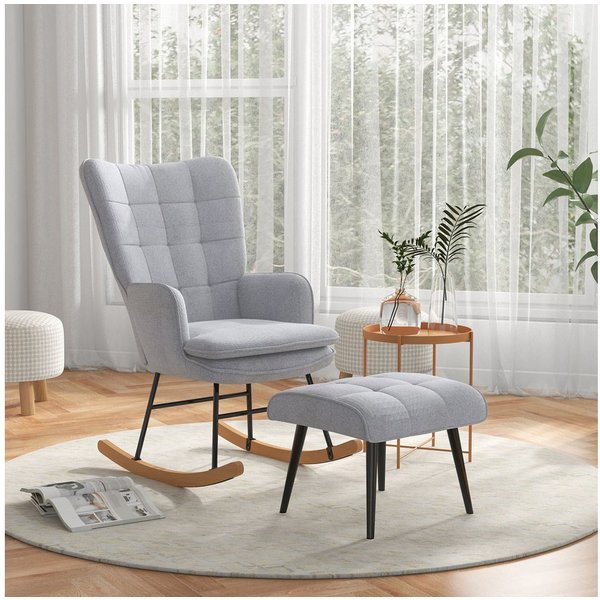 HOMCOM Schaukelsessel Schaukelstuhl mit Hocker, Sessel mit Leinenoptik (Schaukelstuhl mit Hocker, 2-St., bestehend aus Sessel und Hocker), Schaukelfunktion, Hoc