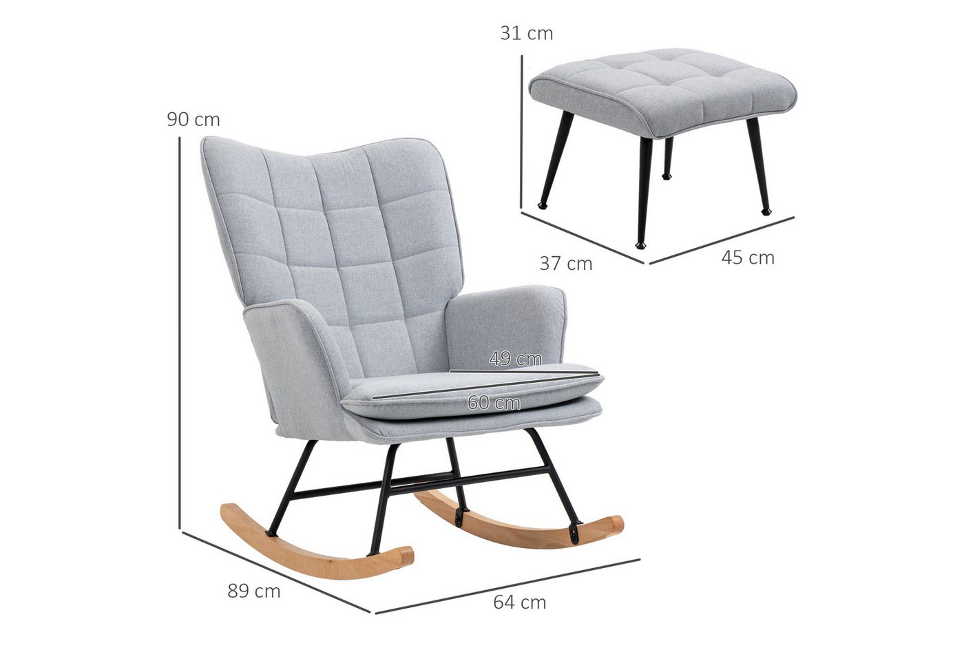 HOMCOM Schaukelsessel Schaukelstuhl mit Hocker, Sessel mit Leinenoptik (Schaukelstuhl mit Hocker, 2-St., bestehend aus Sessel und Hocker), Schaukelfunktion, Hoc – Bild 3 von 5