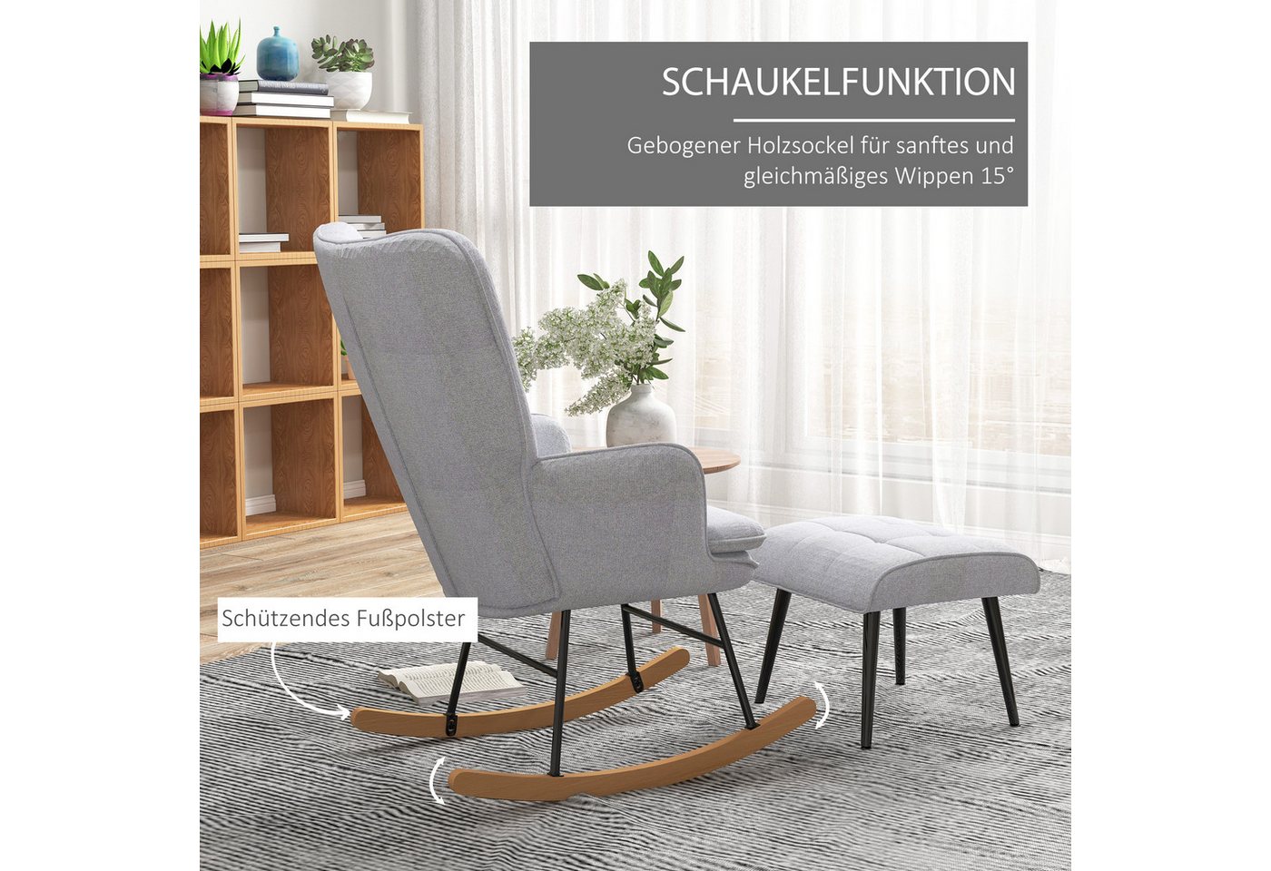 HOMCOM Schaukelsessel Schaukelstuhl mit Hocker, Sessel mit Leinenoptik (Schaukelstuhl mit Hocker, 2-St., bestehend aus Sessel und Hocker), Schaukelfunktion, Hoc – Bild 4 von 5