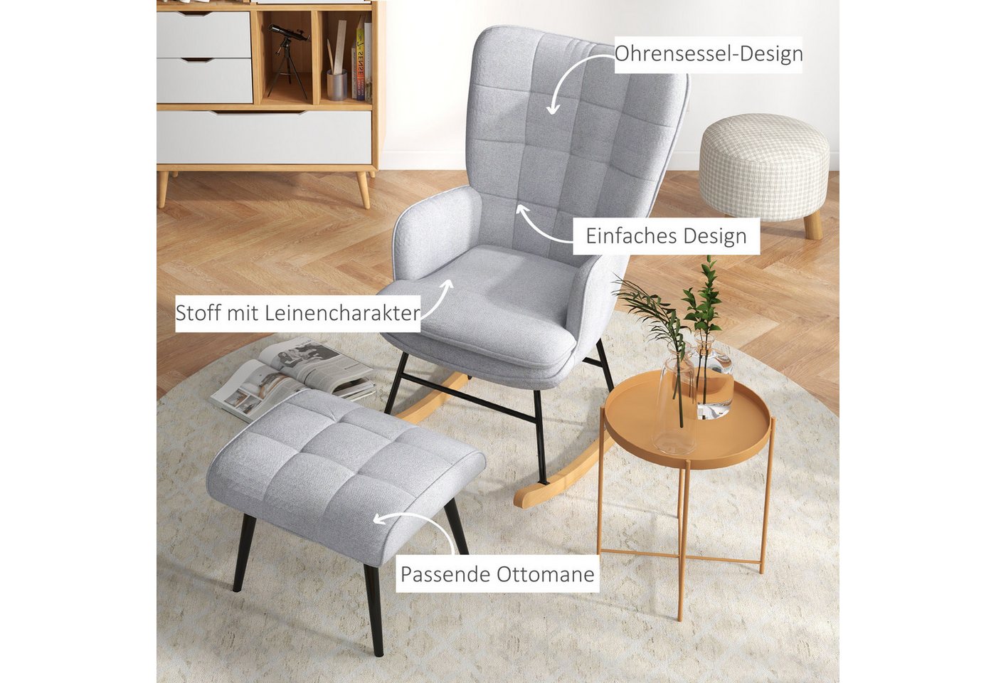HOMCOM Schaukelsessel Schaukelstuhl mit Hocker, Sessel mit Leinenoptik (Schaukelstuhl mit Hocker, 2-St., bestehend aus Sessel und Hocker), Schaukelfunktion, Hoc – Bild 5 von 5