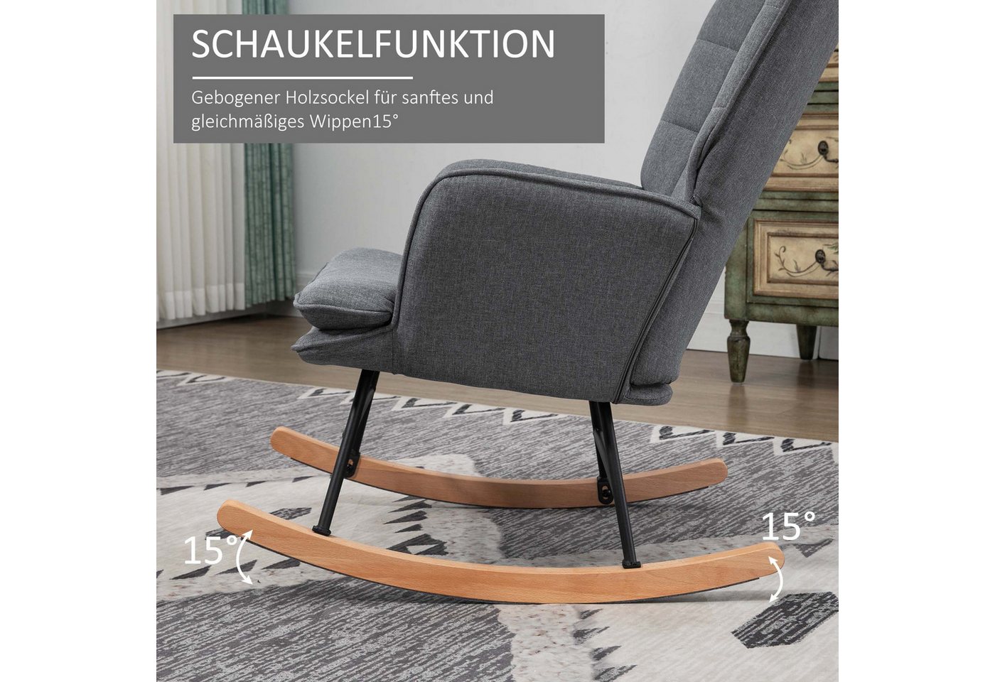 HOMCOM Schaukelsessel Schaukelstuhl mit Hocker, Sessel mit Leinenoptik (Armlehnsessel, 2-St., Schwingsessel), für Wohnzimmer, Schlafzimmer, Grau – Bild 4 von 5