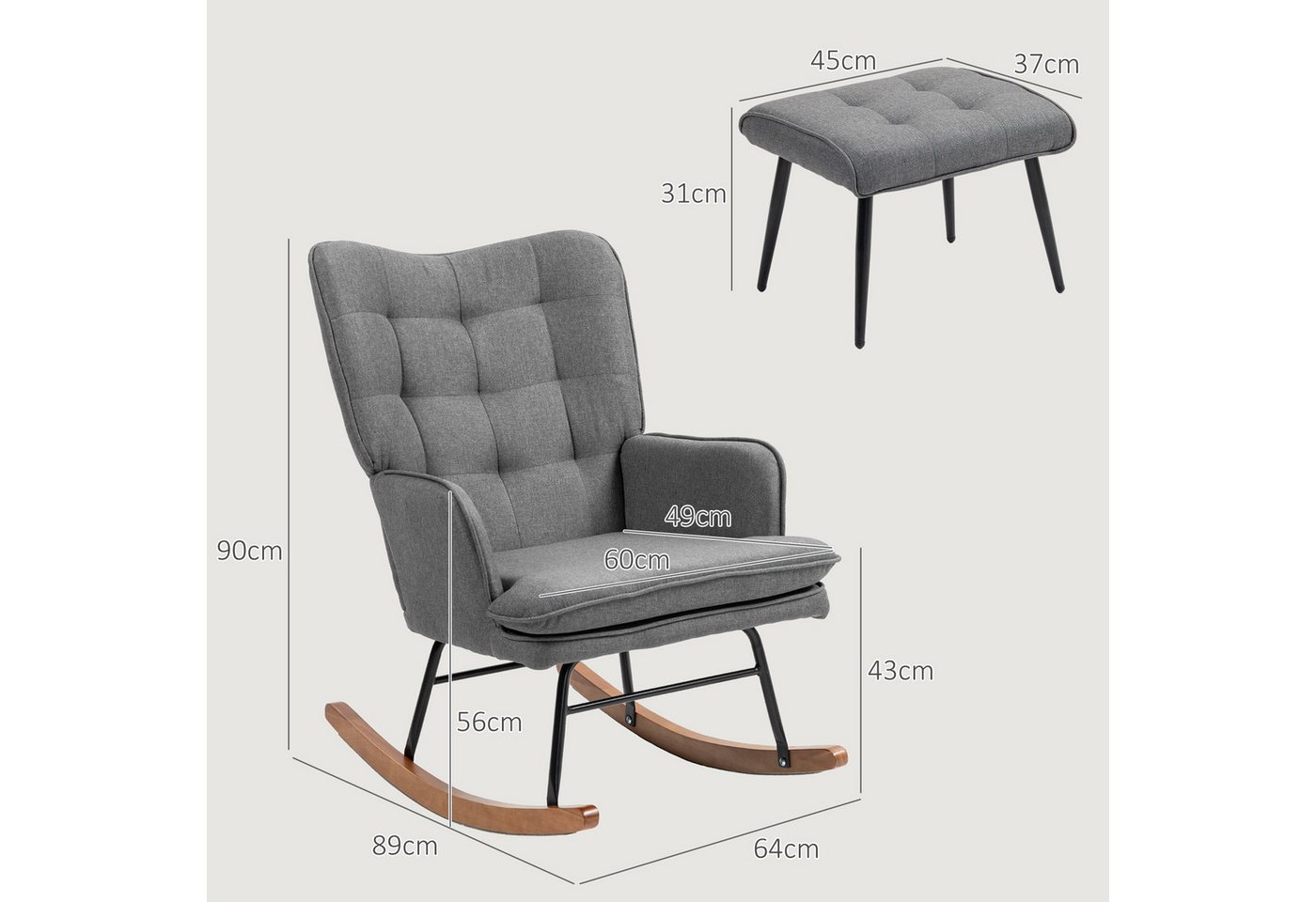 HOMCOM Schaukelsessel Schaukelstuhl mit Hocker, Sessel mit Leinenoptik (Armlehnsessel, 2-St., Schwingsessel), für Wohnzimmer, Schlafzimmer, Schwarz+Dunkelgrau – Bild 3 von 5