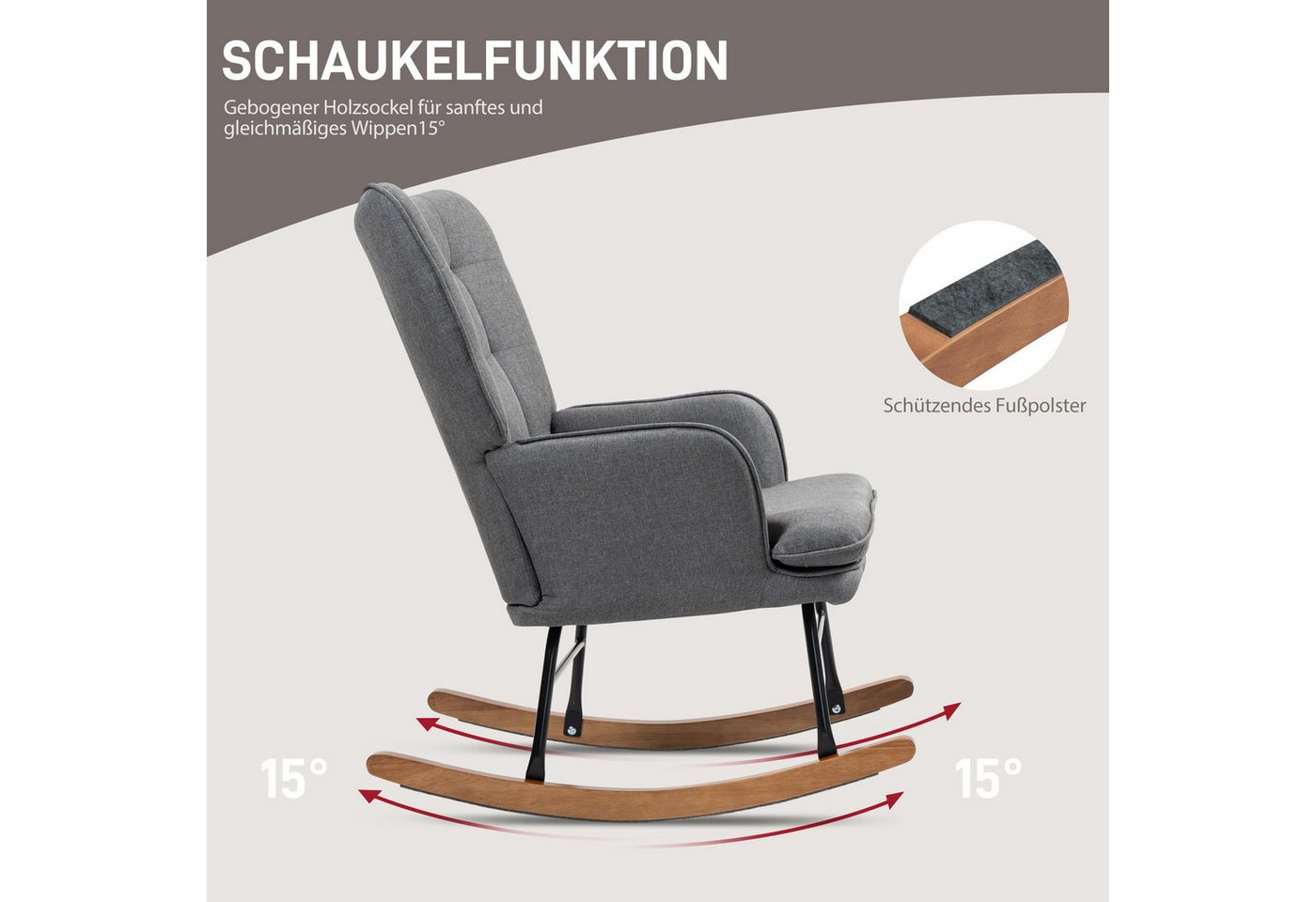 HOMCOM Schaukelsessel Schaukelstuhl mit Hocker, Sessel mit Leinenoptik (Armlehnsessel, 2-St., Schwingsessel), für Wohnzimmer, Schlafzimmer, Schwarz+Dunkelgrau – Bild 4 von 5