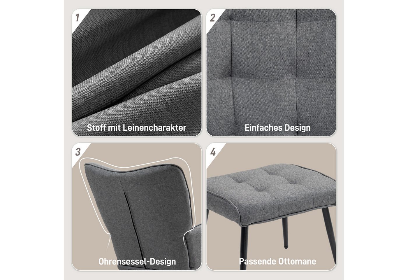 HOMCOM Schaukelsessel Schaukelstuhl mit Hocker, Sessel mit Leinenoptik (Armlehnsessel, 2-St., Schwingsessel), für Wohnzimmer, Schlafzimmer, Schwarz+Dunkelgrau – Bild 5 von 5
